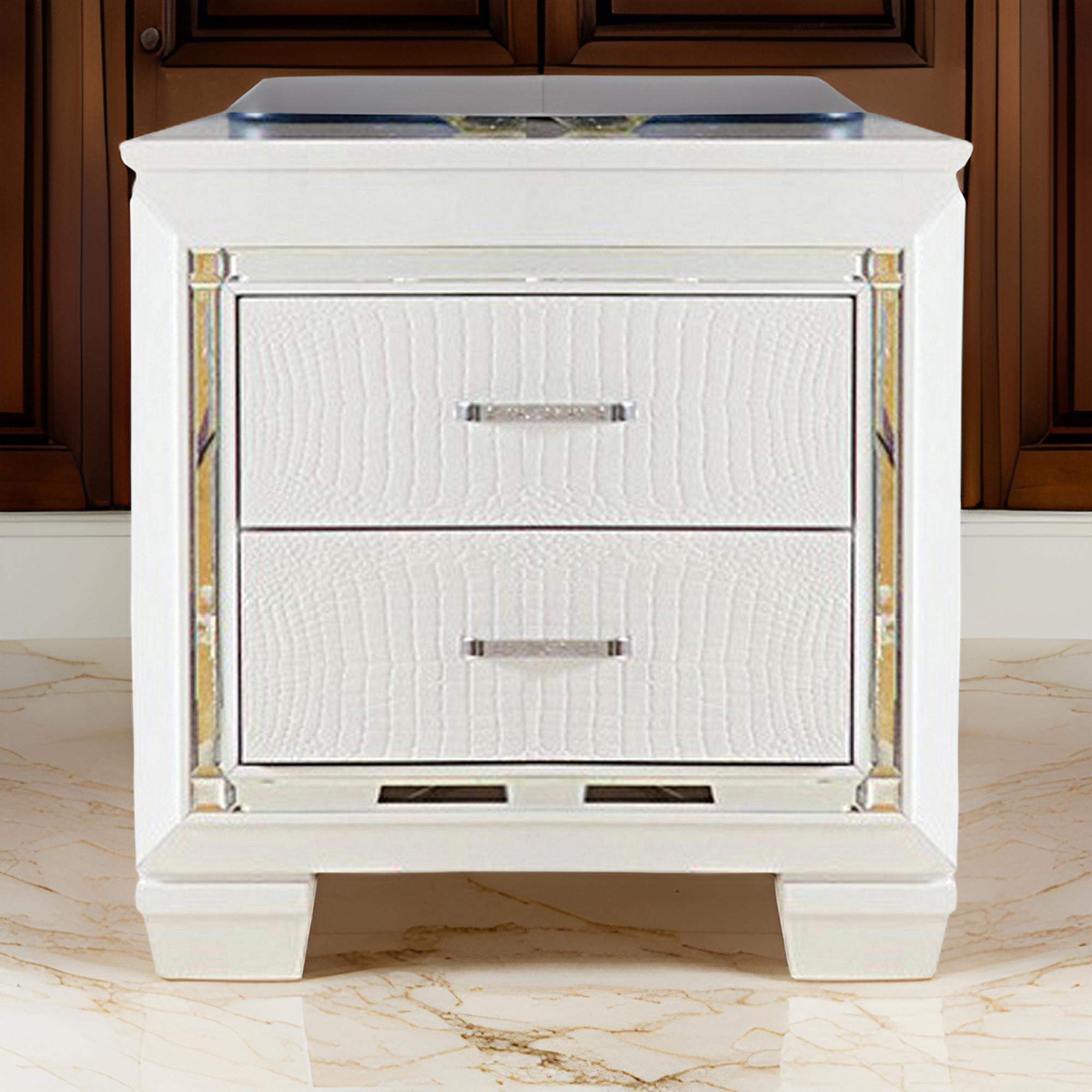 Benjara Contemporary Wooden Nightstand with 2 drawers And LED Lighting, White