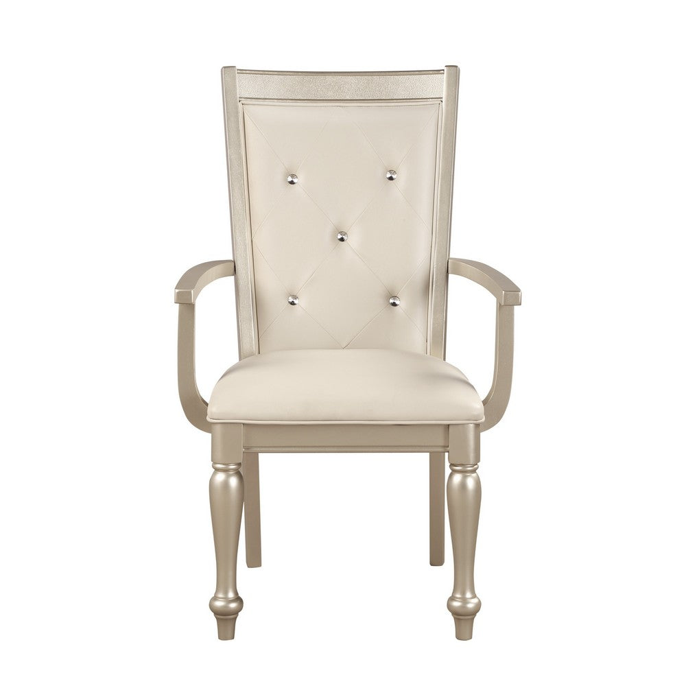 Benjara Wooden Set of 2 Arm Chairs with Crystal Tufted Leatherette Backrest, Silver