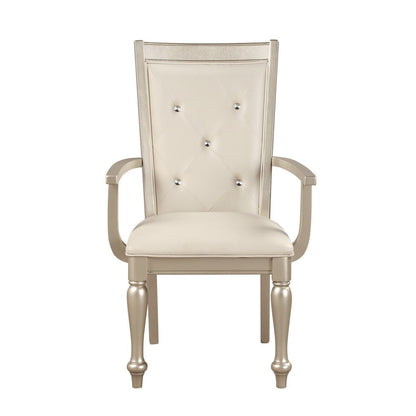 Benjara Wooden Set of 2 Arm Chairs with Crystal Tufted Leatherette Backrest, Silver