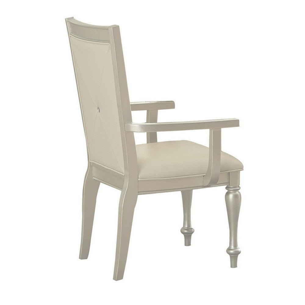 Benjara Wooden Set of 2 Arm Chairs with Crystal Tufted Leatherette Backrest, Silver