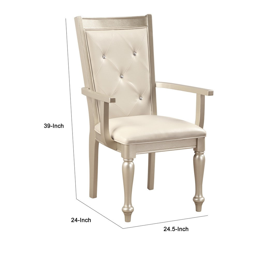 Benjara Wooden Set of 2 Arm Chairs with Crystal Tufted Leatherette Backrest, Silver