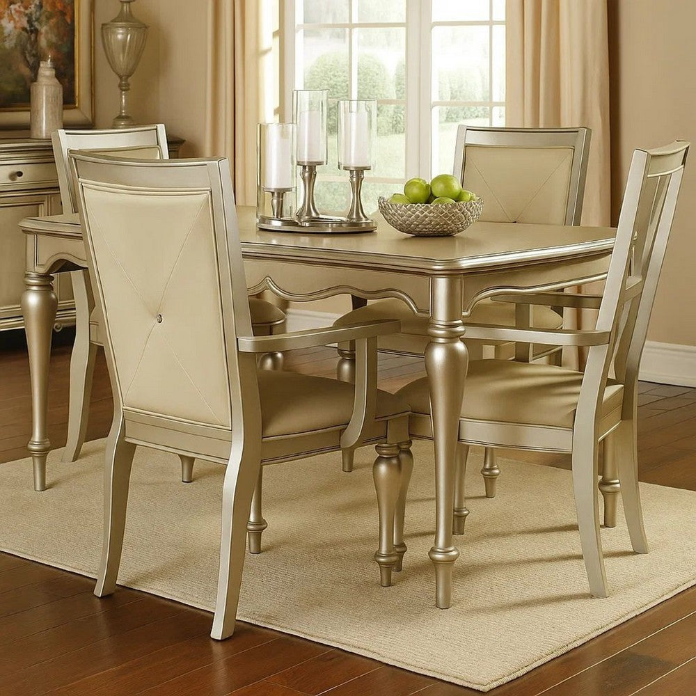 Benjara Wooden Set of 2 Arm Chairs with Crystal Tufted Leatherette Backrest, Silver