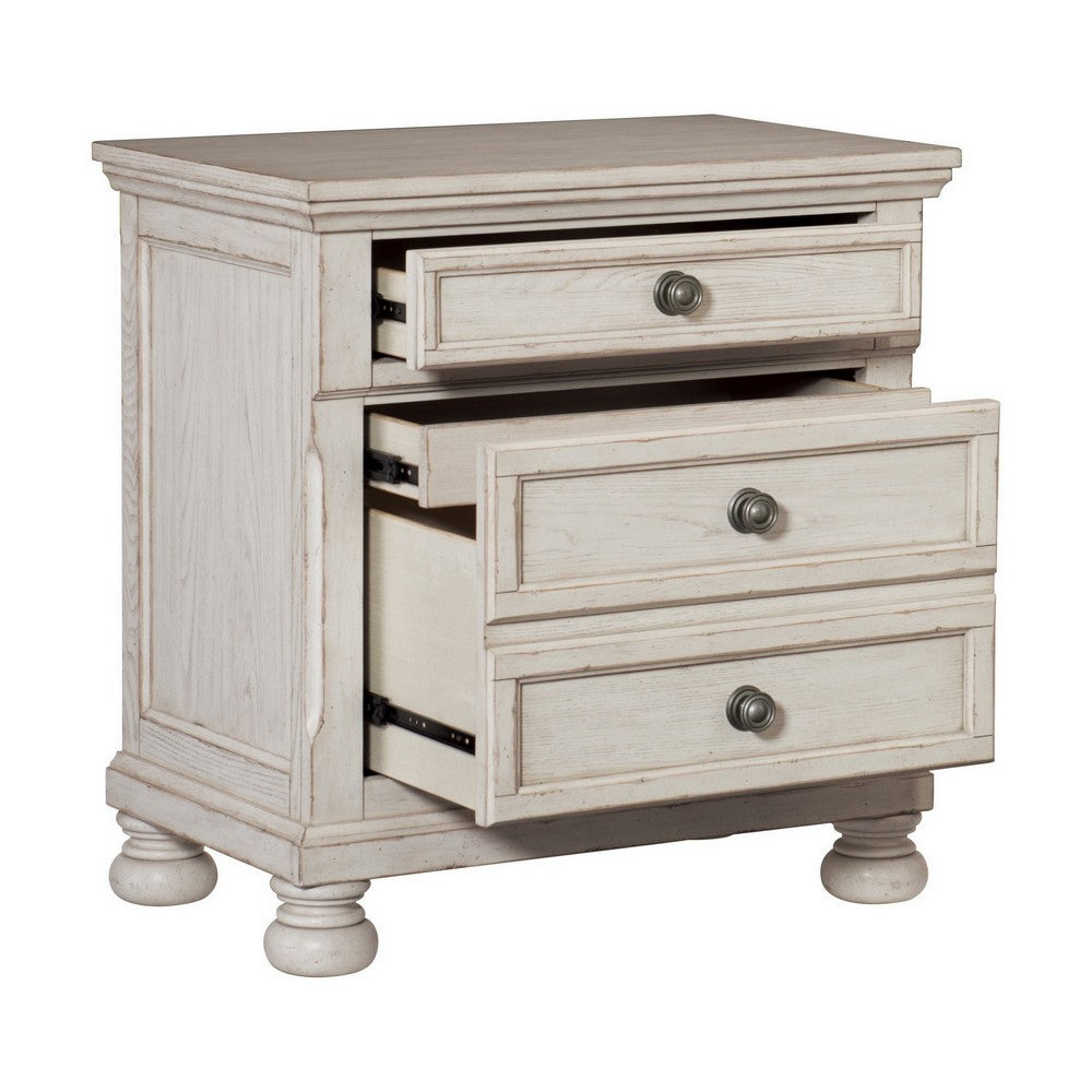 Benjara Cottage 2 Drawer Nightstand with Molded Details And Bun feet, Antique White