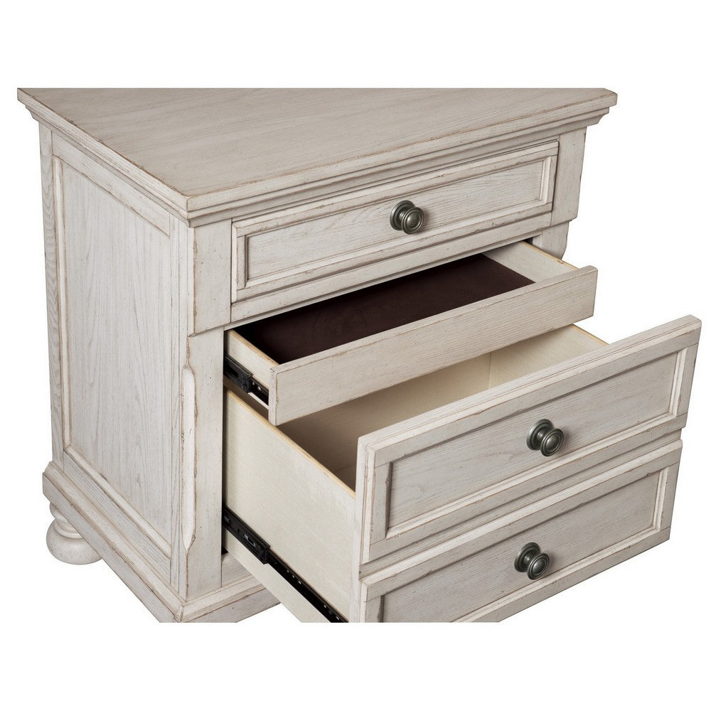 Benjara Cottage 2 Drawer Nightstand with Molded Details And Bun feet, Antique White