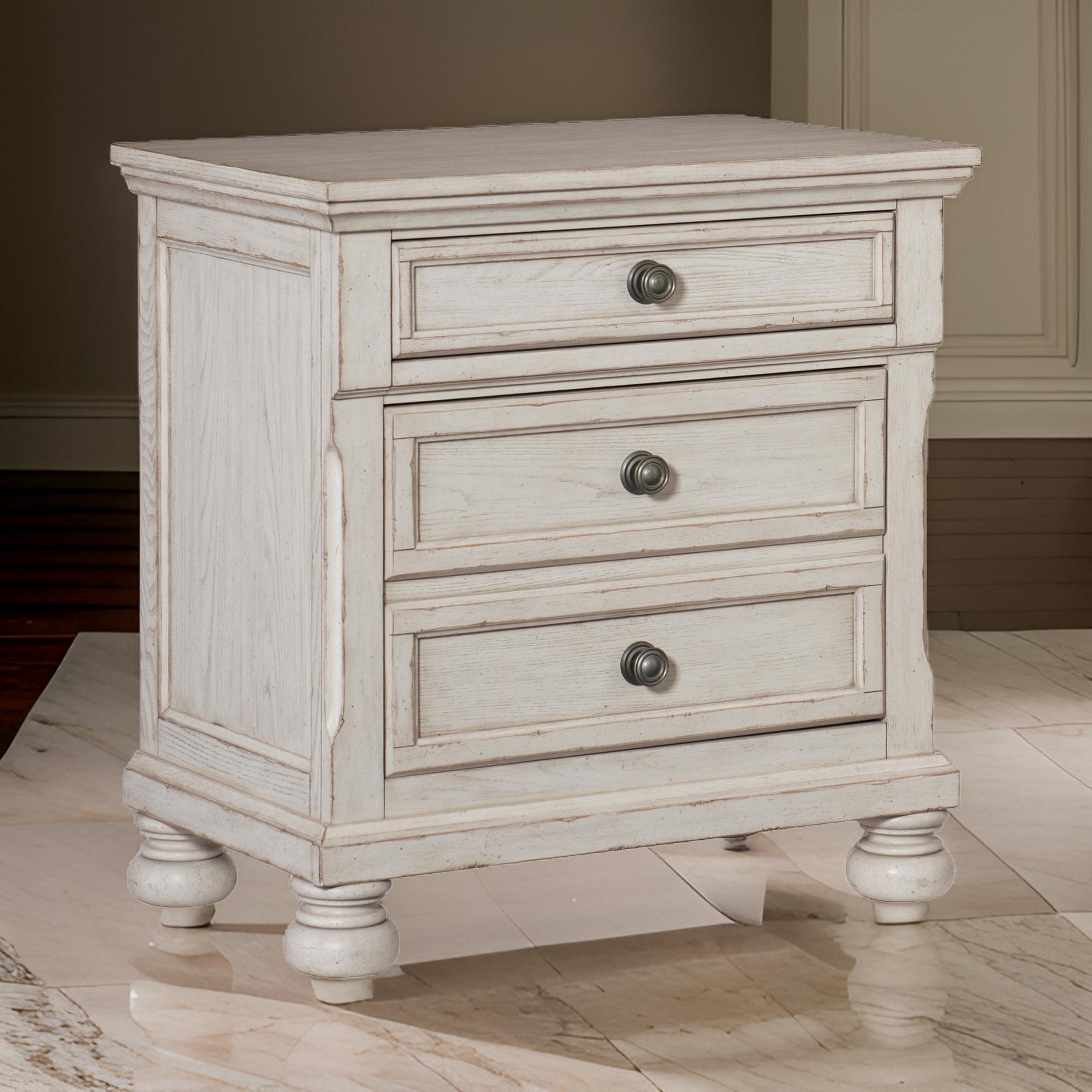 Benjara Cottage 2 Drawer Nightstand with Molded Details And Bun feet, Antique White