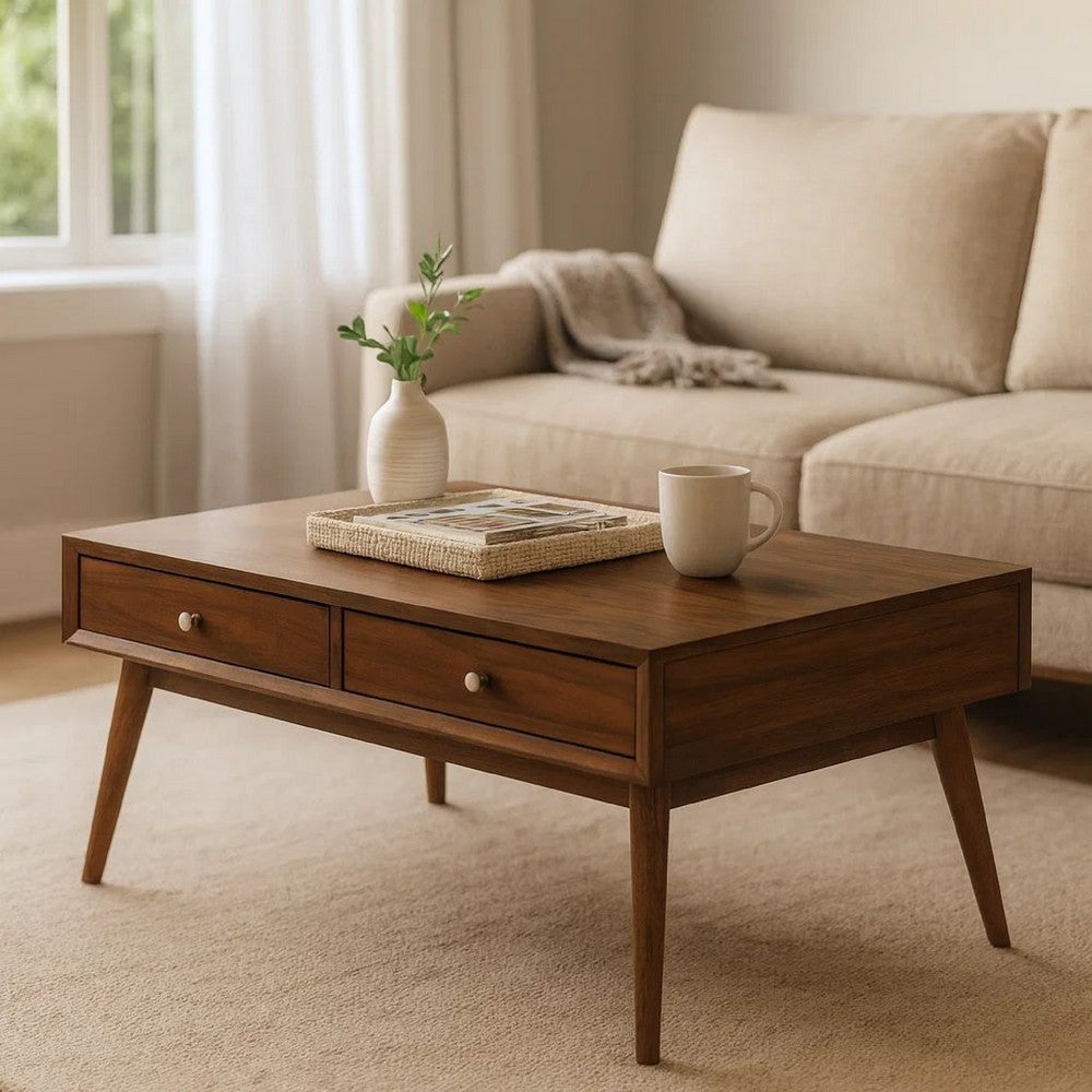 Benjara 2 Drawer Wooden Coffee Table with Splayed Legs, Walnut Brown