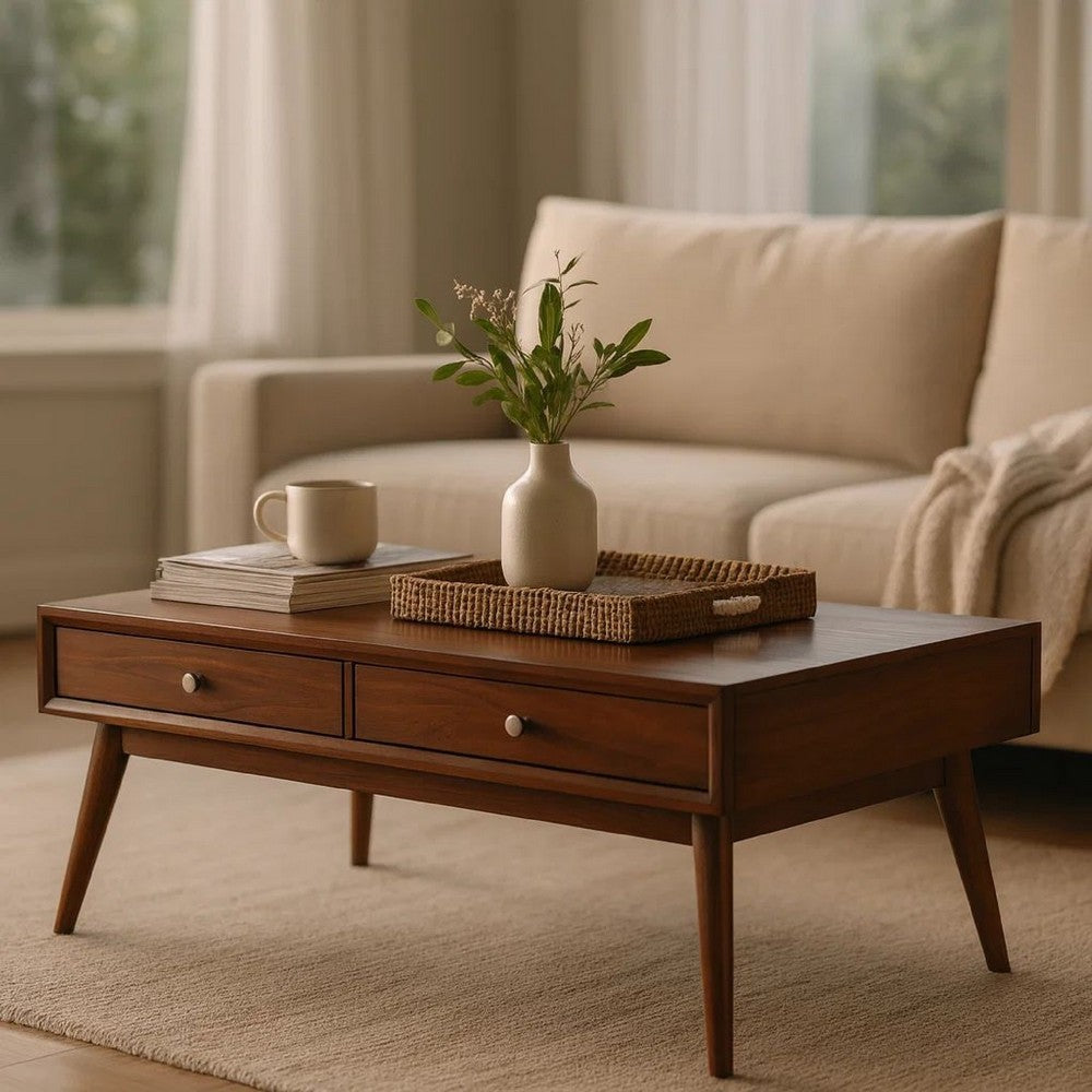 Benjara 2 Drawer Wooden Coffee Table with Splayed Legs, Walnut Brown