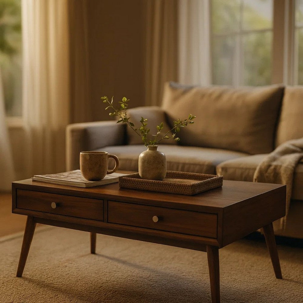 Benjara 2 Drawer Wooden Coffee Table with Splayed Legs, Walnut Brown
