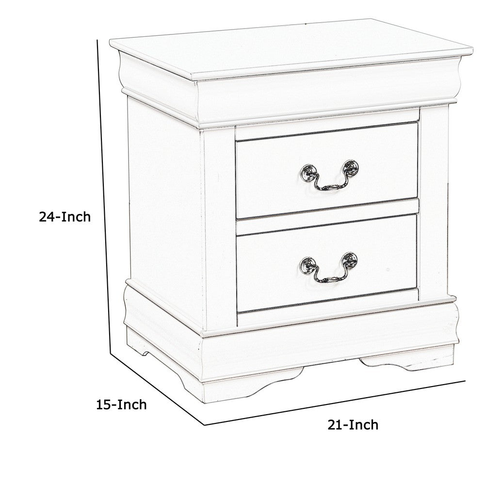 Benjara 2 Drawer Wooden Nightstand with Metal Hanging Pulls And Bracket Feet, White