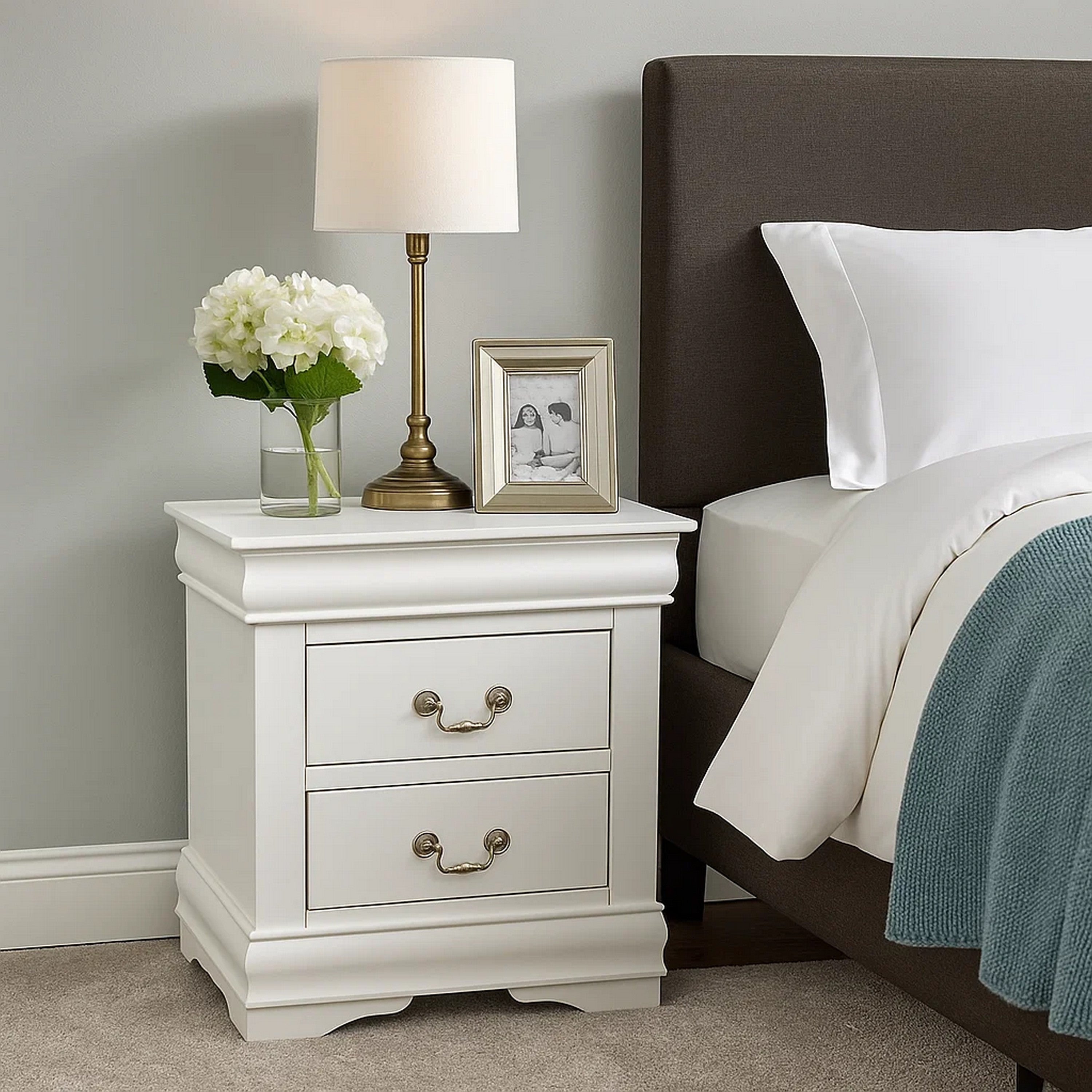 Benjara 2 Drawer Wooden Nightstand with Metal Hanging Pulls And Bracket Feet, White