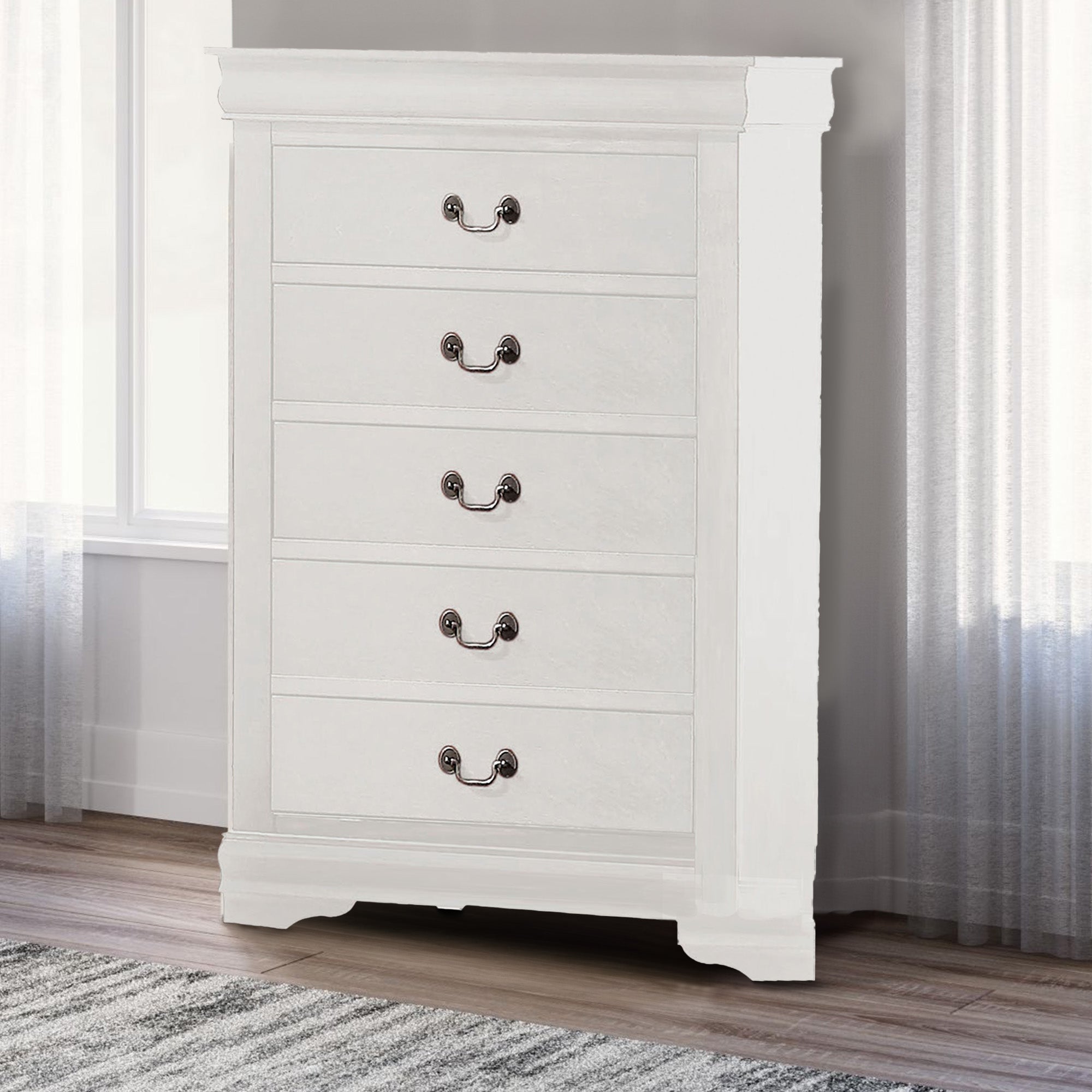 Benjara 5 Drawer Wooden Chest with Metal Hanging Pulls And Bracket Feet, White