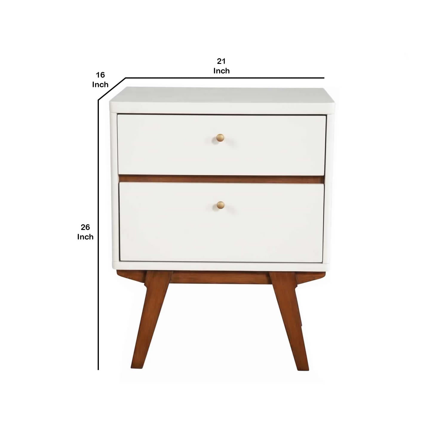Benjara 2 Drawer Wooden Nightstand with Angled Legs, White And Brown