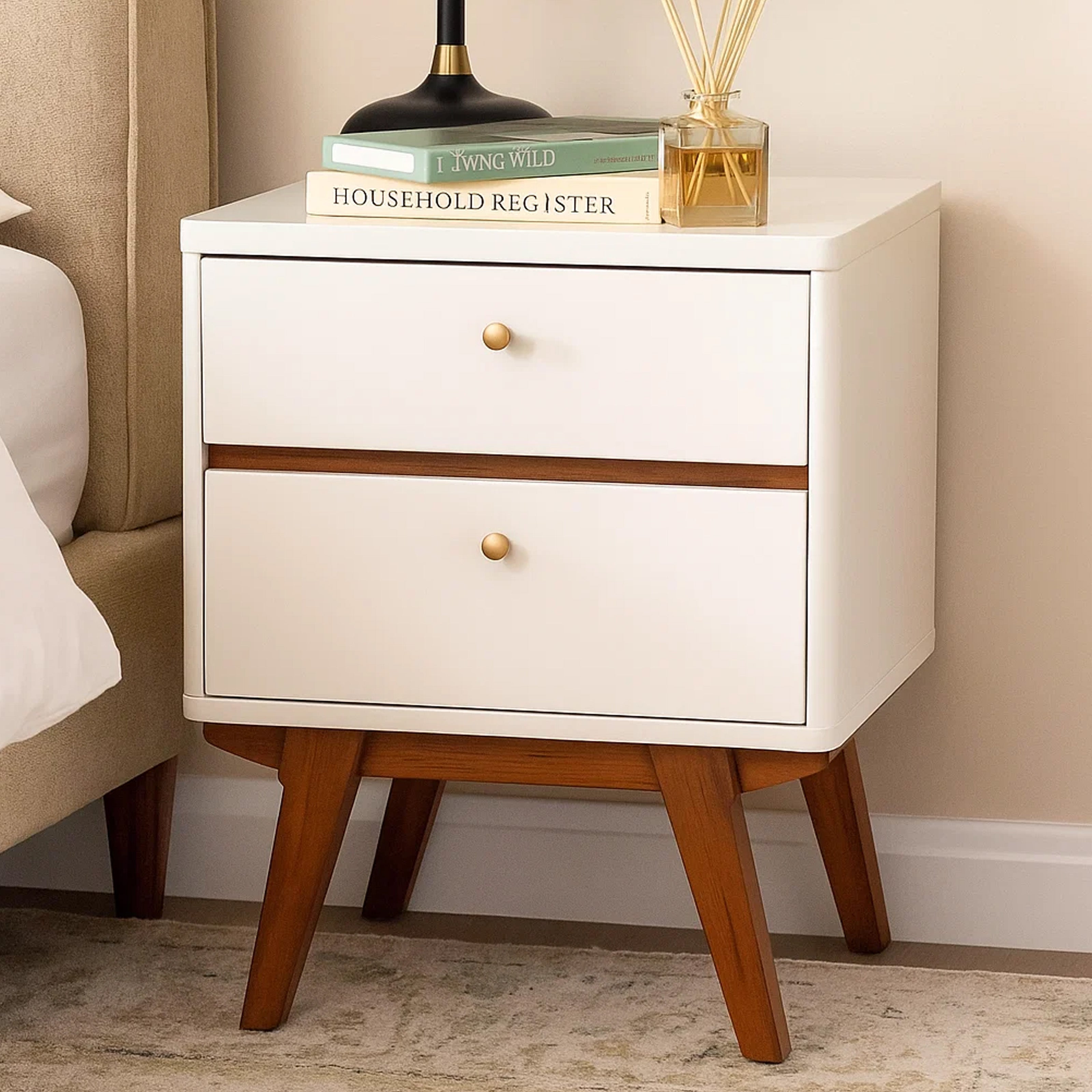 Benjara 2 Drawer Wooden Nightstand with Angled Legs, White And Brown