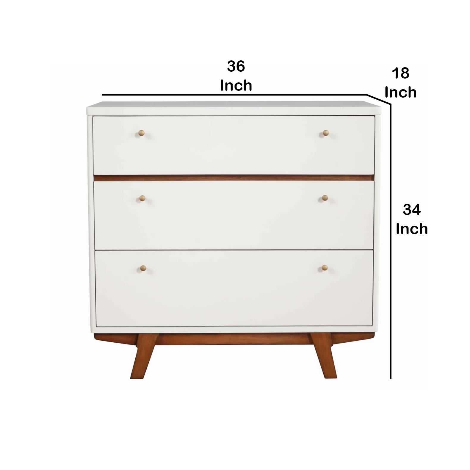 Benjara 3 Drawer Wood Chest with Round Pulls And Angled Legs, Small,White And Brown