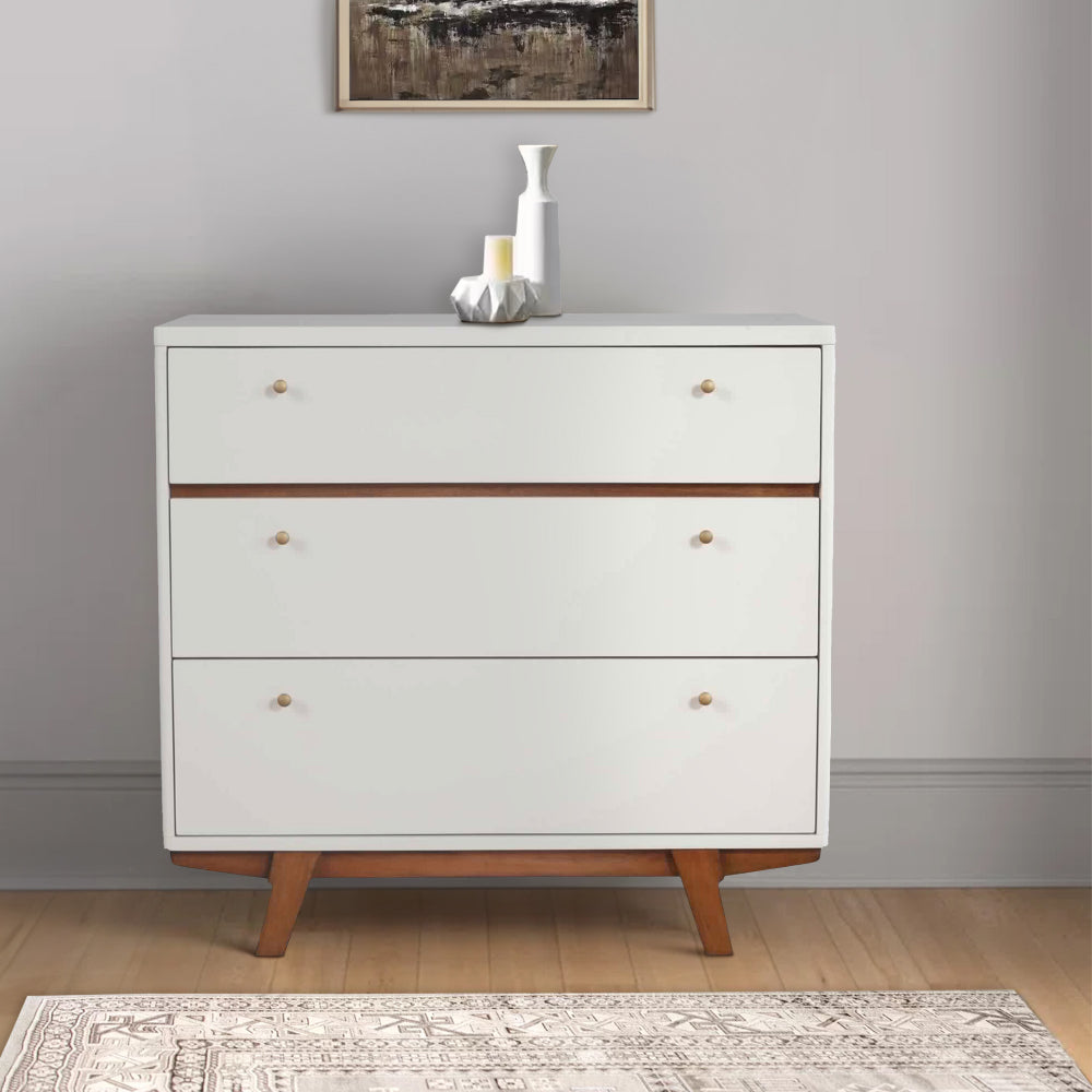 Benjara 3 Drawer Wood Chest with Round Pulls And Angled Legs, Small,White And Brown