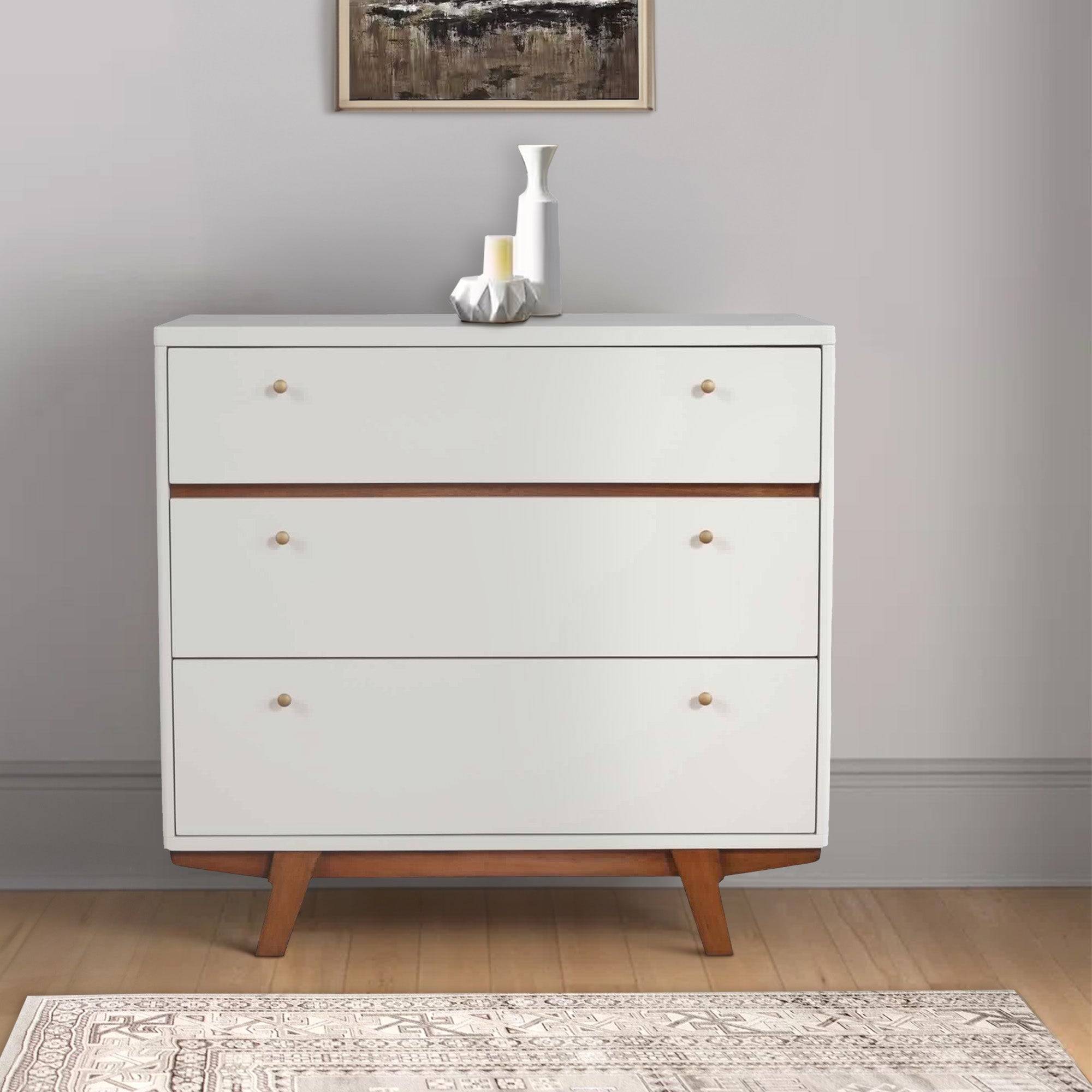 Benjara 3 Drawer Wood Chest with Round Pulls And Angled Legs, Small,White And Brown
