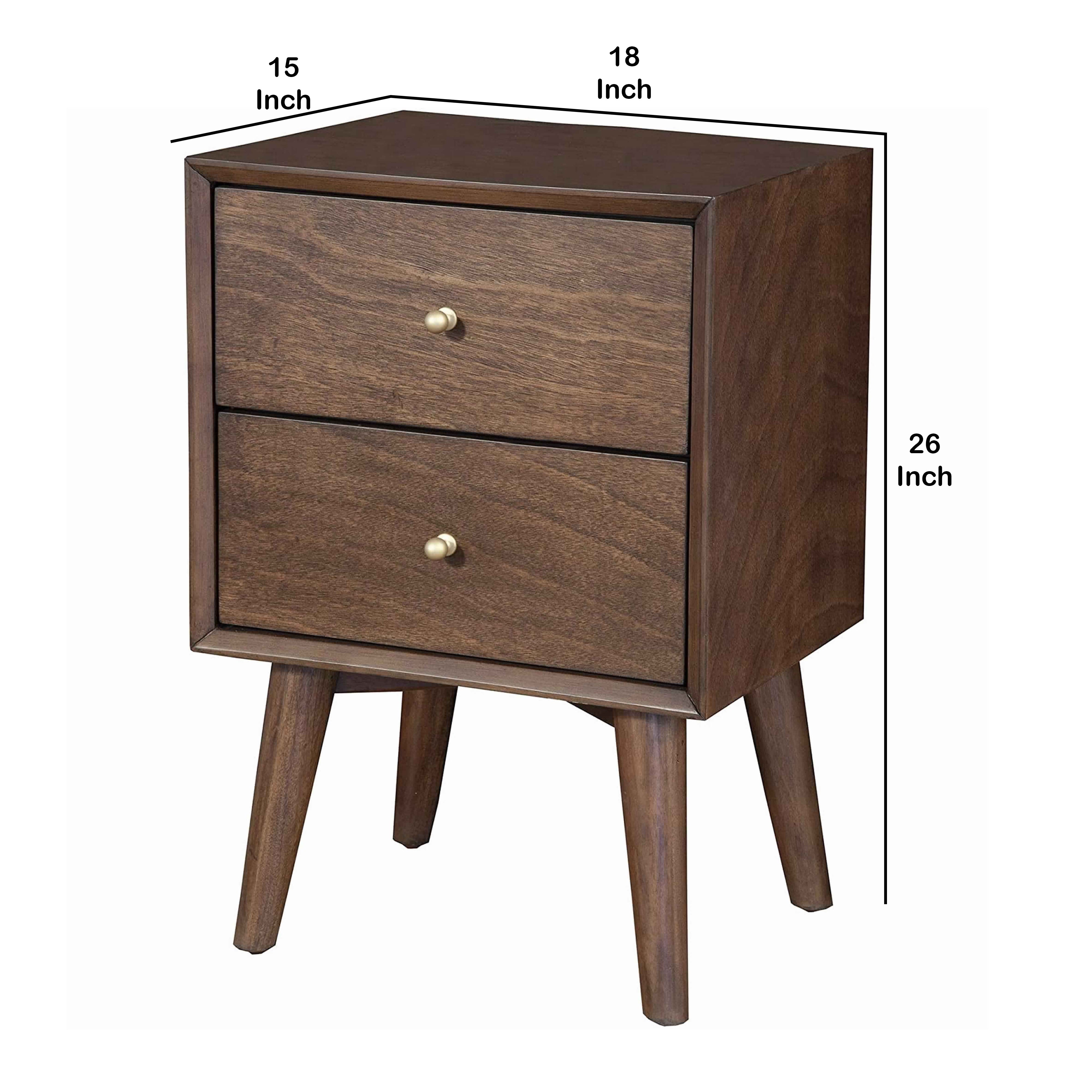 Benjara Mid Century Modern Wooden Nightstand with 2 Drawers And Slanted Legs, Brown