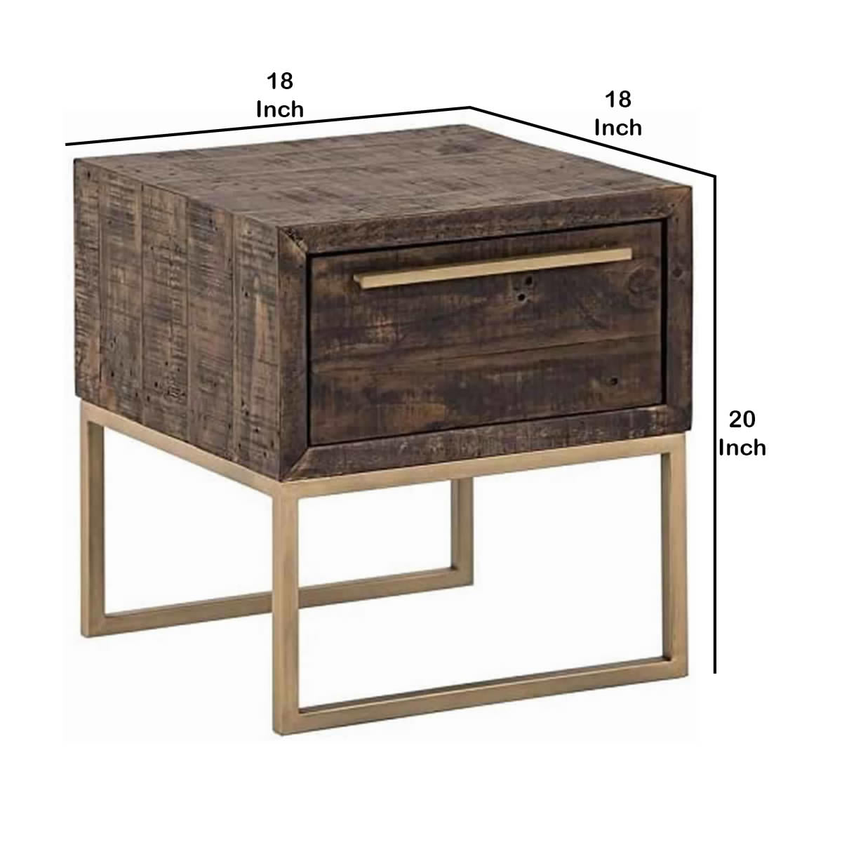 Benjara Wooden Lamp Table with 1 Storage Drawer And Metal Base, Brown And Gold