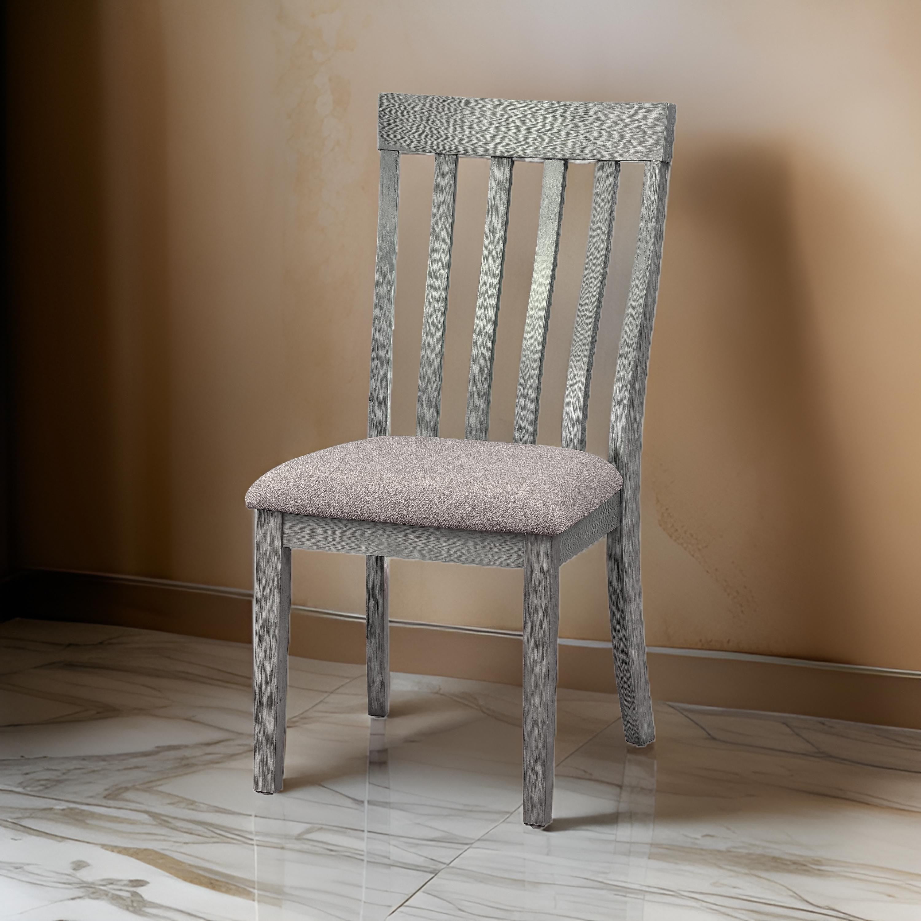 Benjara Vertical Slatted Curved Back Side Chair with Fabric Seat, Set of 2, Gray