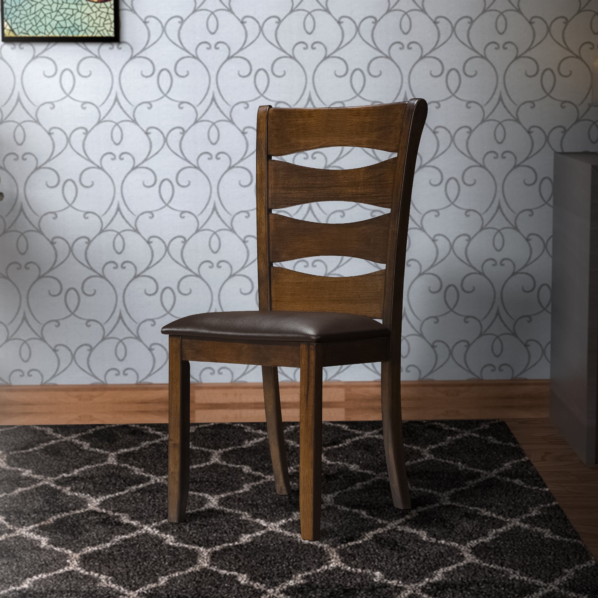 Benjara Transitional Ladder Back Side Chair with Leatherette Seat, Set of 2, Brown