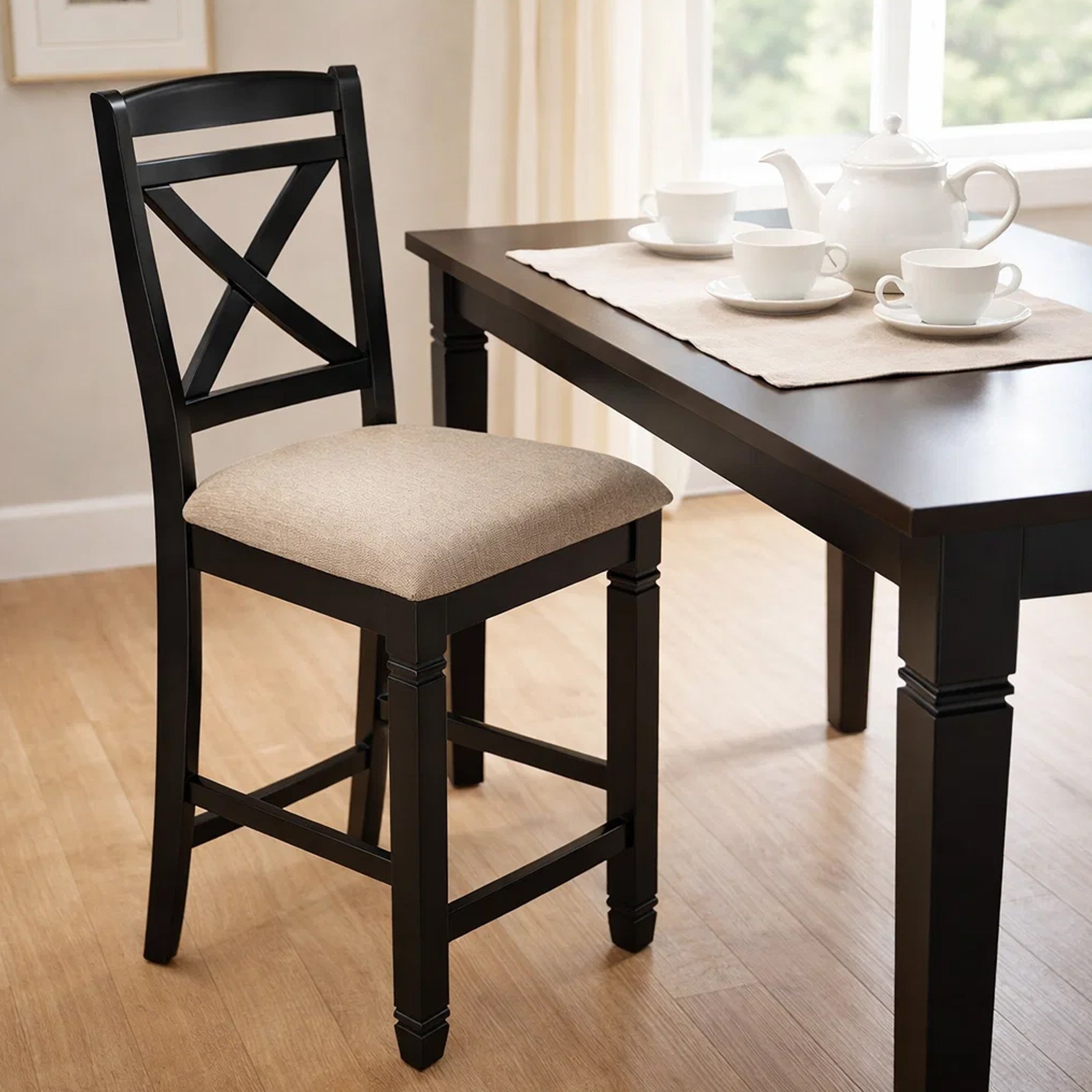 Benjara Fabric Upholstered Set of 2 Wooden Counter Height Chairs with X Design Backrest, Brown