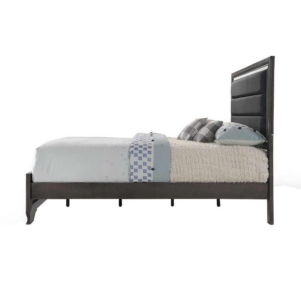 Benjara High Profile Panel Eastern King Bed with Fabric Padded Headboard, Gray