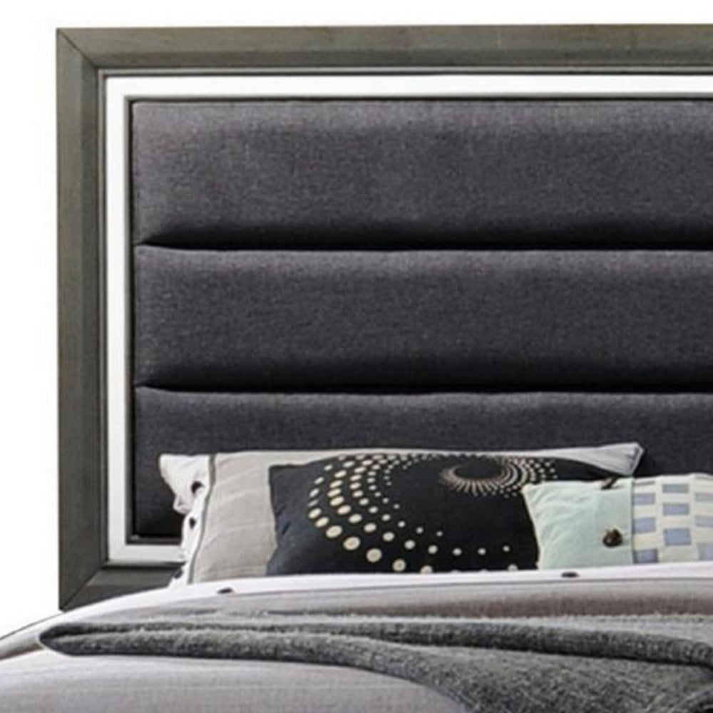 Benjara High Profile Panel Eastern King Bed with Fabric Padded Headboard, Gray