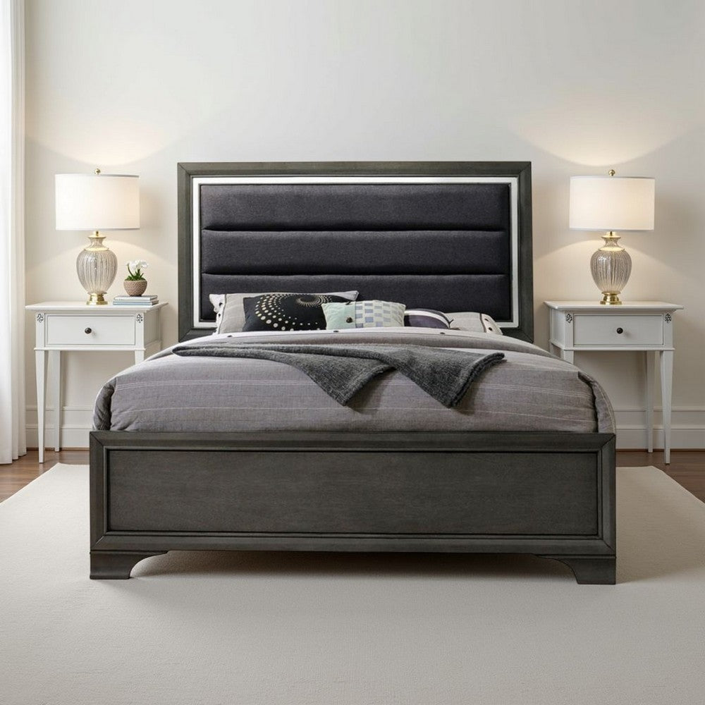 Benjara High Profile Panel Eastern King Bed with Fabric Padded Headboard, Gray
