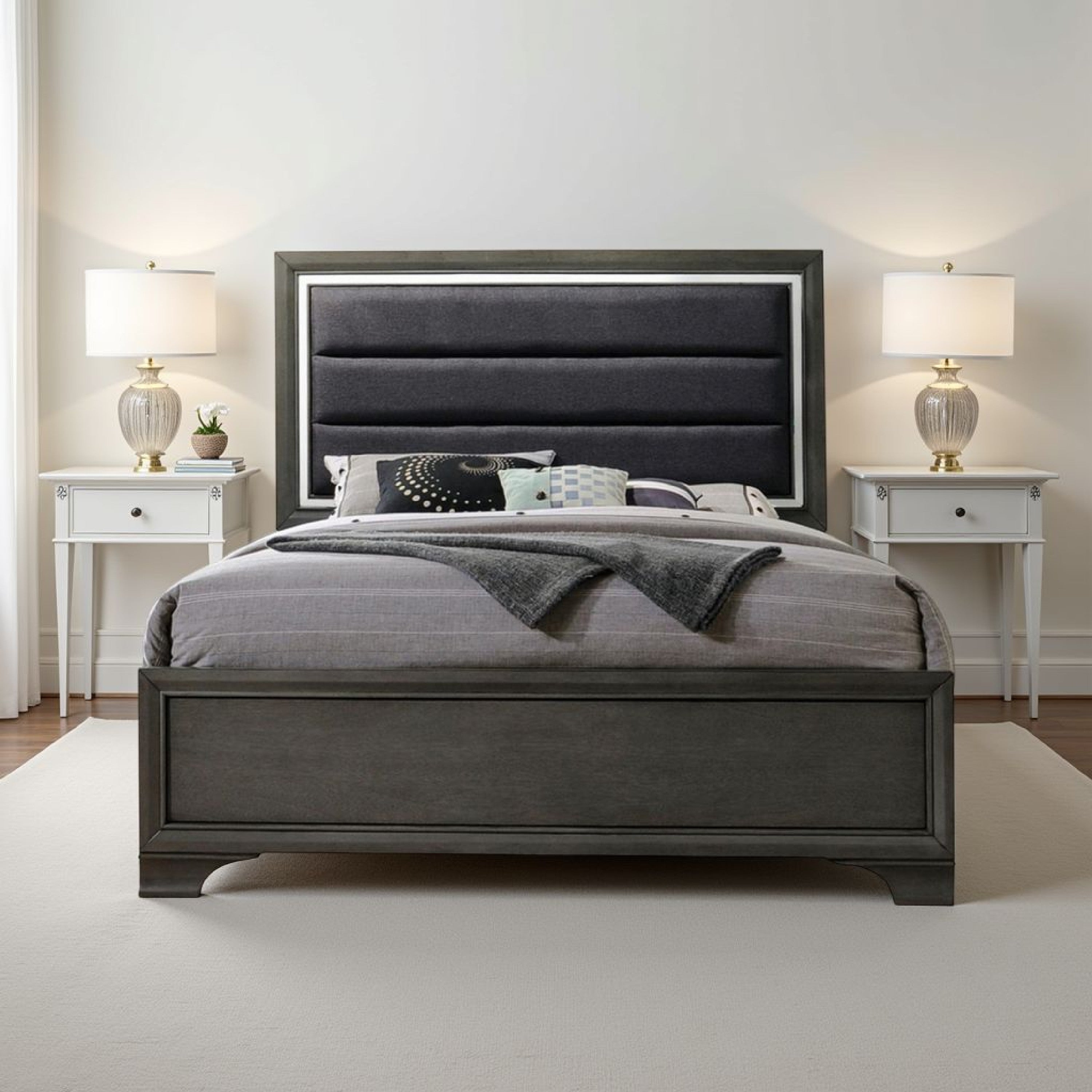 Benjara High Profile Panel Eastern King Bed with Fabric Padded Headboard, Gray