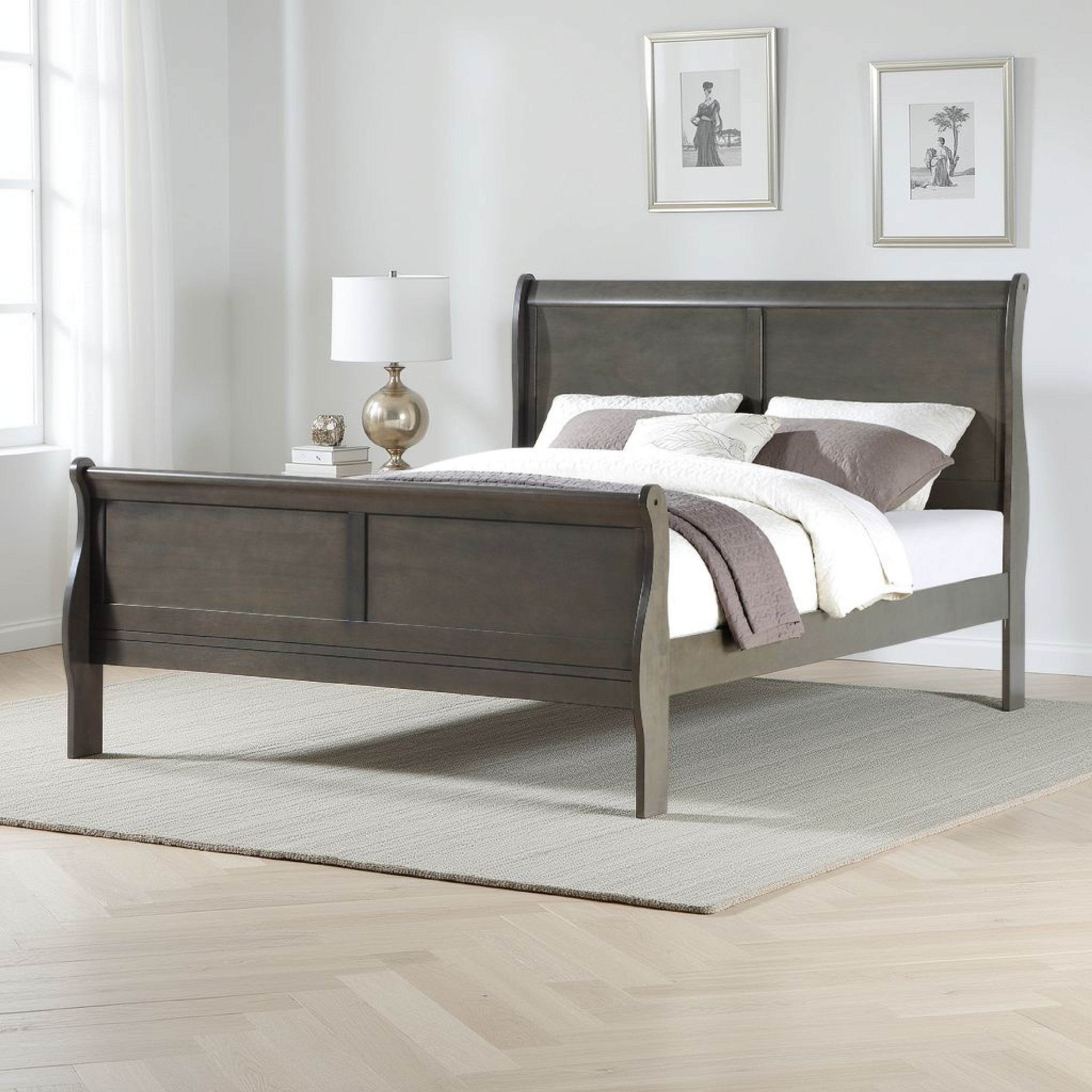 Benjara Sleigh Design Eastern King Size Bed with Rectangular Thin Legs, Dark Gray