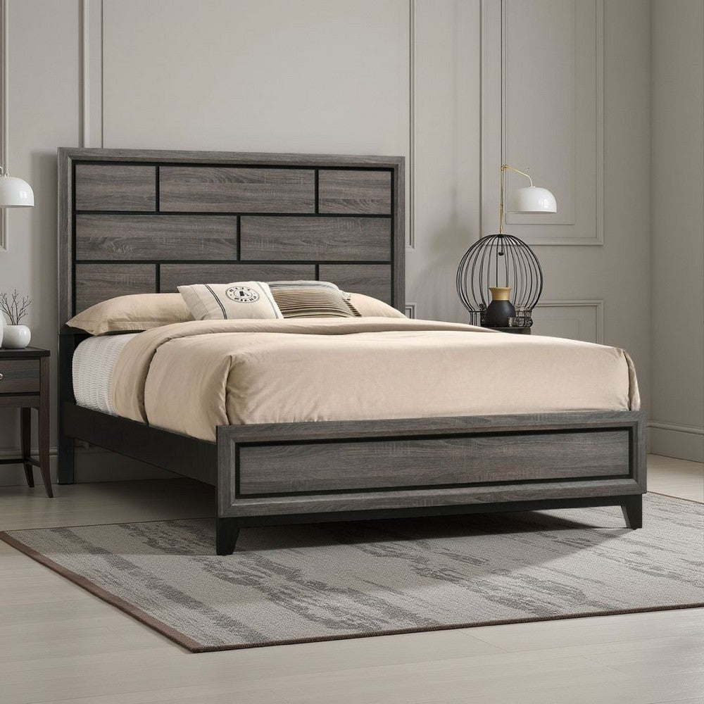 Benjara Grooved Panel Contemporary Eastern King Bed with Tapered Legs, Gray