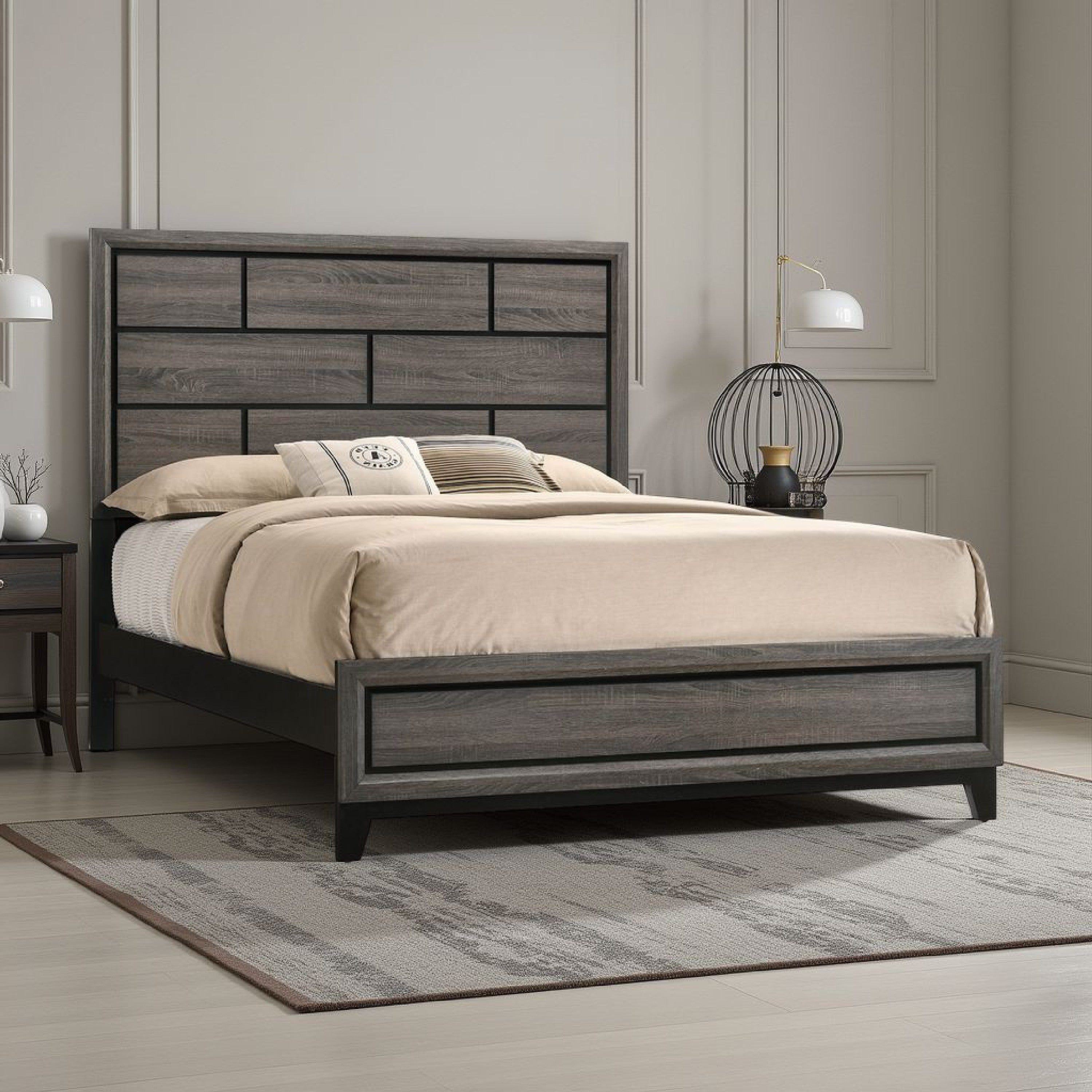 Benjara Grooved Panel Contemporary Eastern King Bed with Tapered Legs, Gray