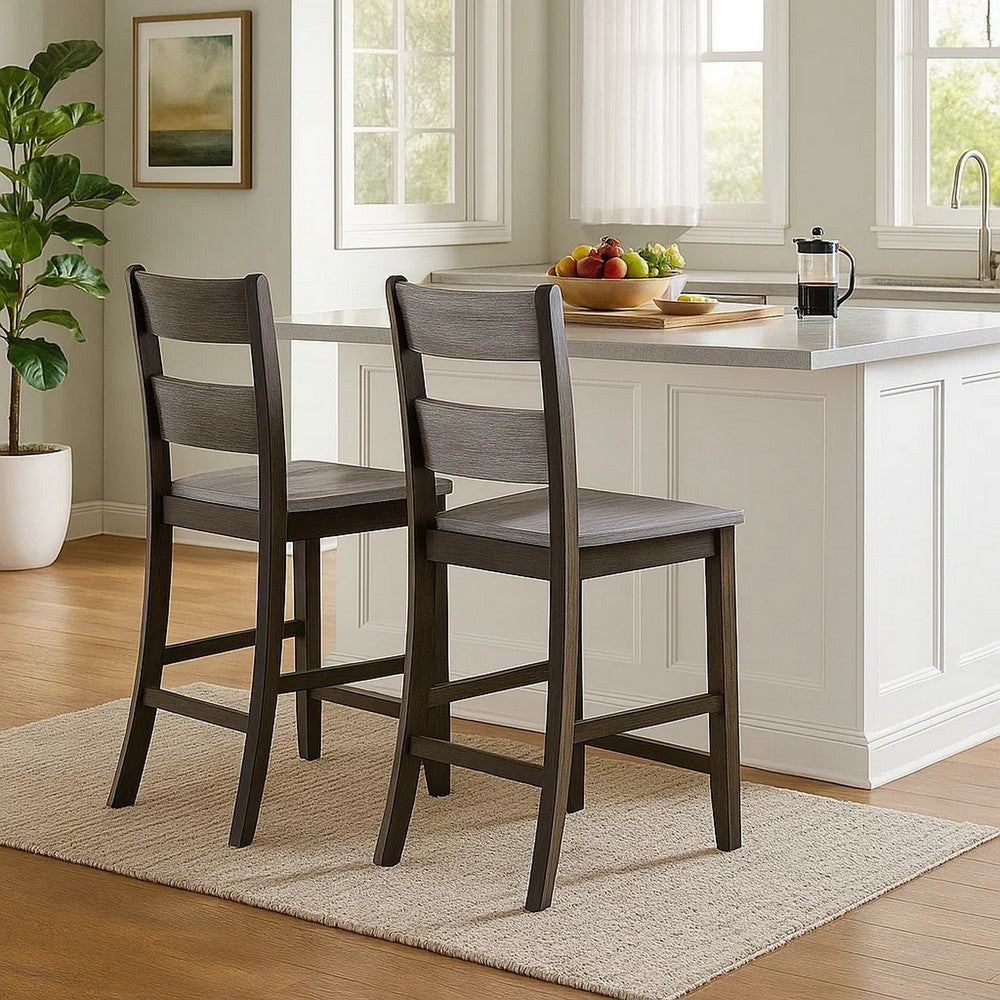 Benjara Wooden Counter Height Side Chair with Ladder Backrest, Set of 2, Dark Brown