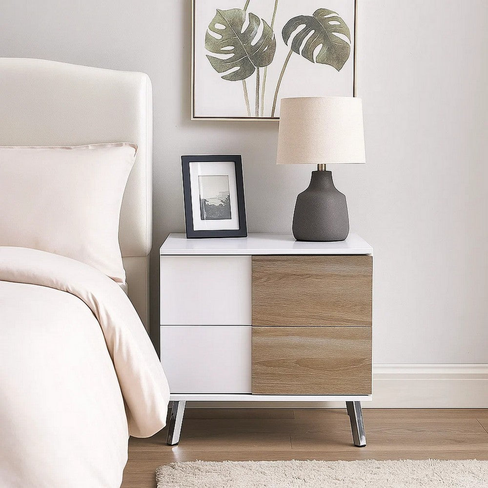 Benjara Transitional Wooden Dual Tone End Table with 2 Drawers, White And Brown