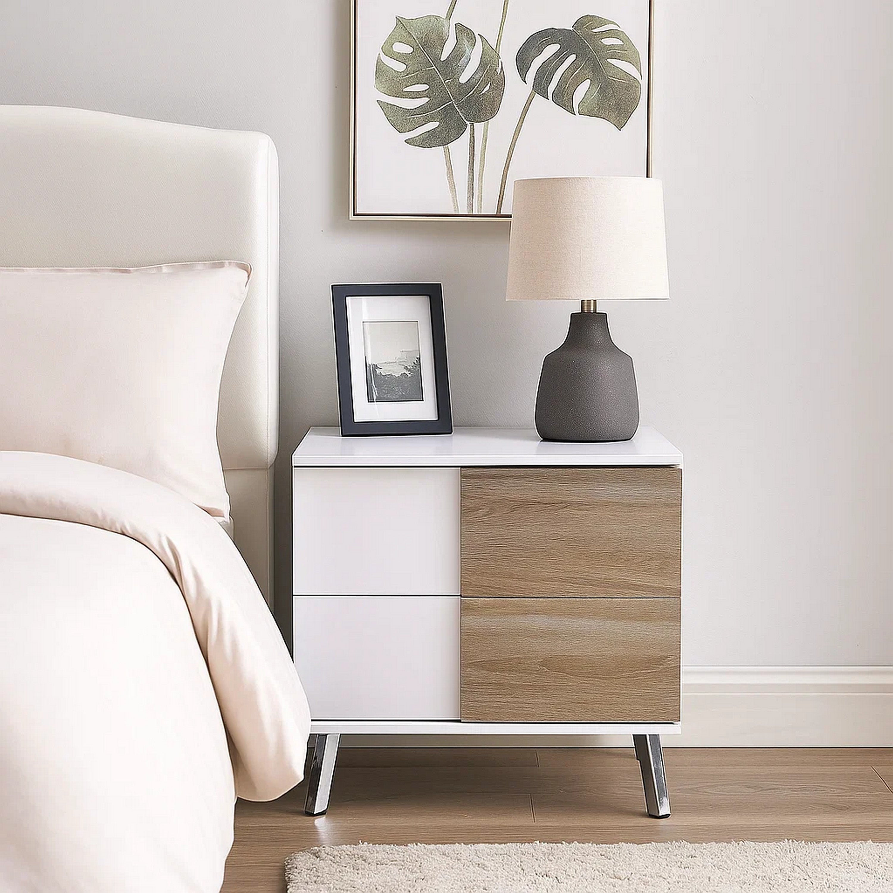 Benjara Transitional Wooden Dual Tone End Table with 2 Drawers, White And Brown
