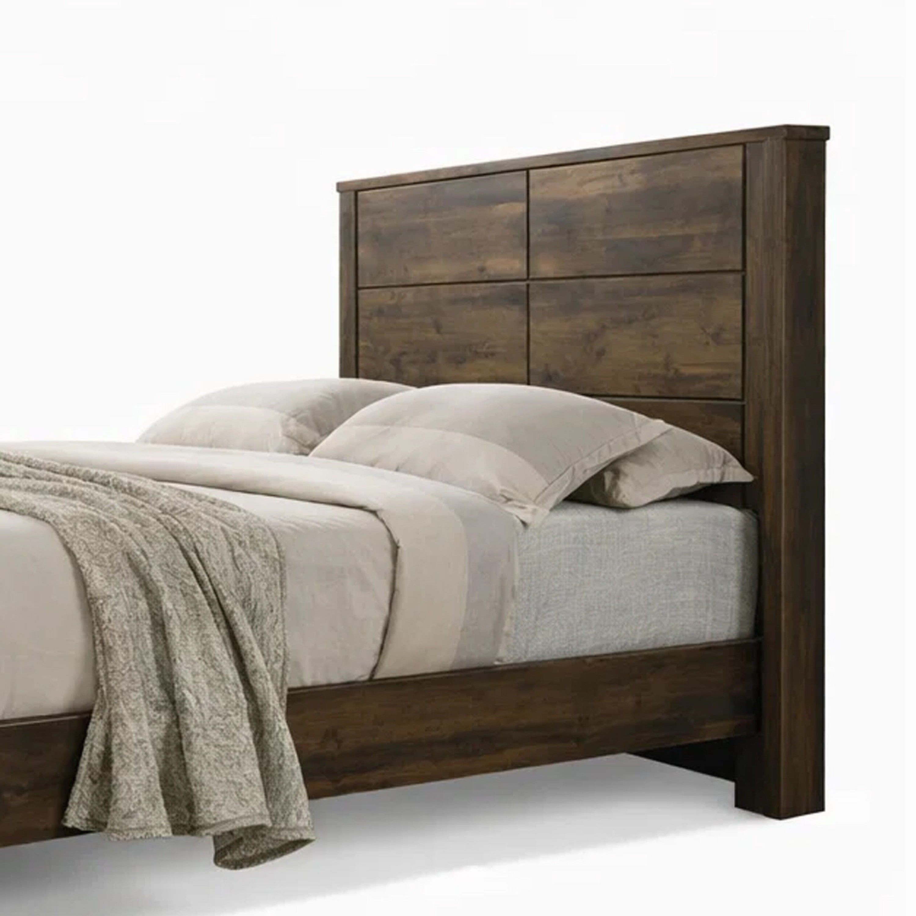 Benjara Transitional Style Queen Size Bed with Panel Design Headboard, Rustic Brown