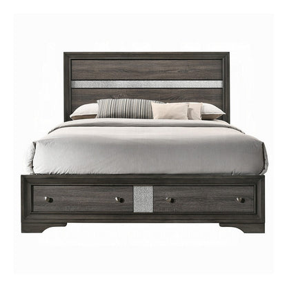 Benjara Platform Wooden Queen Size Bed with Silver Trim Accents And 2 Drawers, Gray