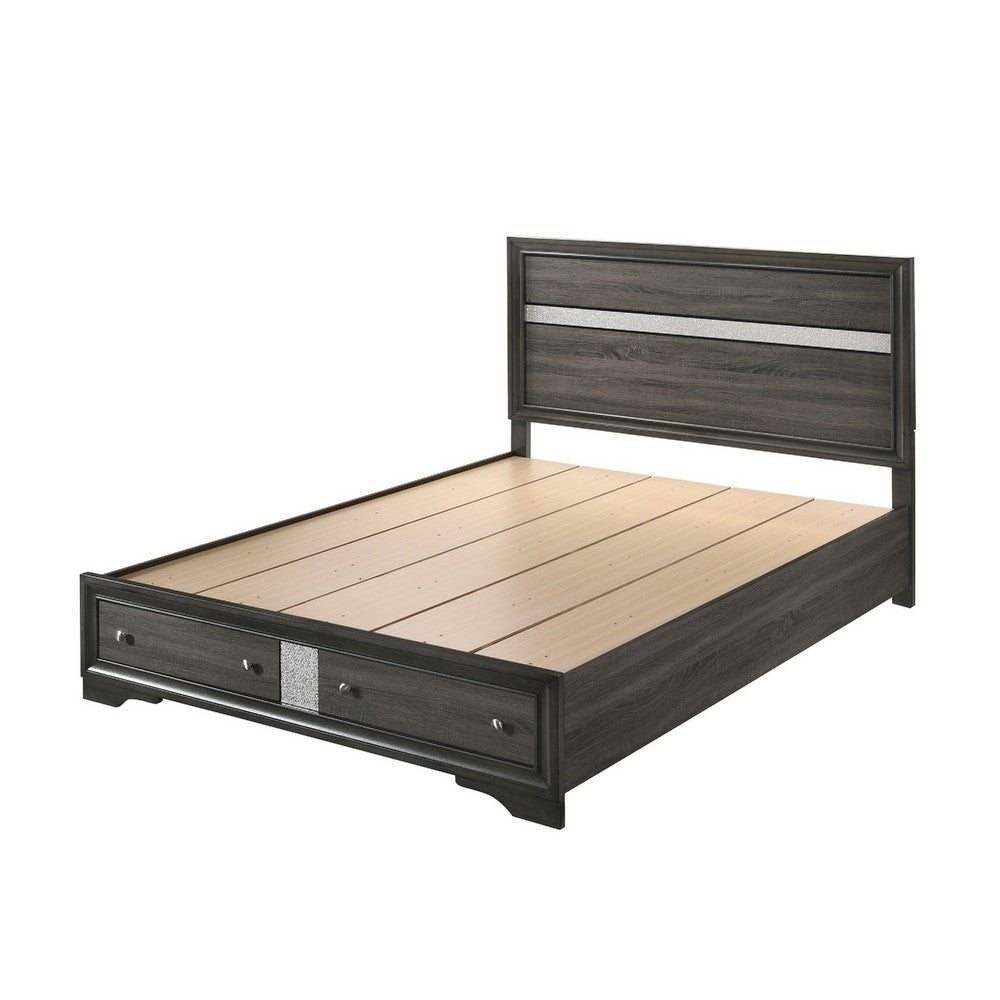 Benjara Platform Wooden Queen Size Bed with Silver Trim Accents And 2 Drawers, Gray