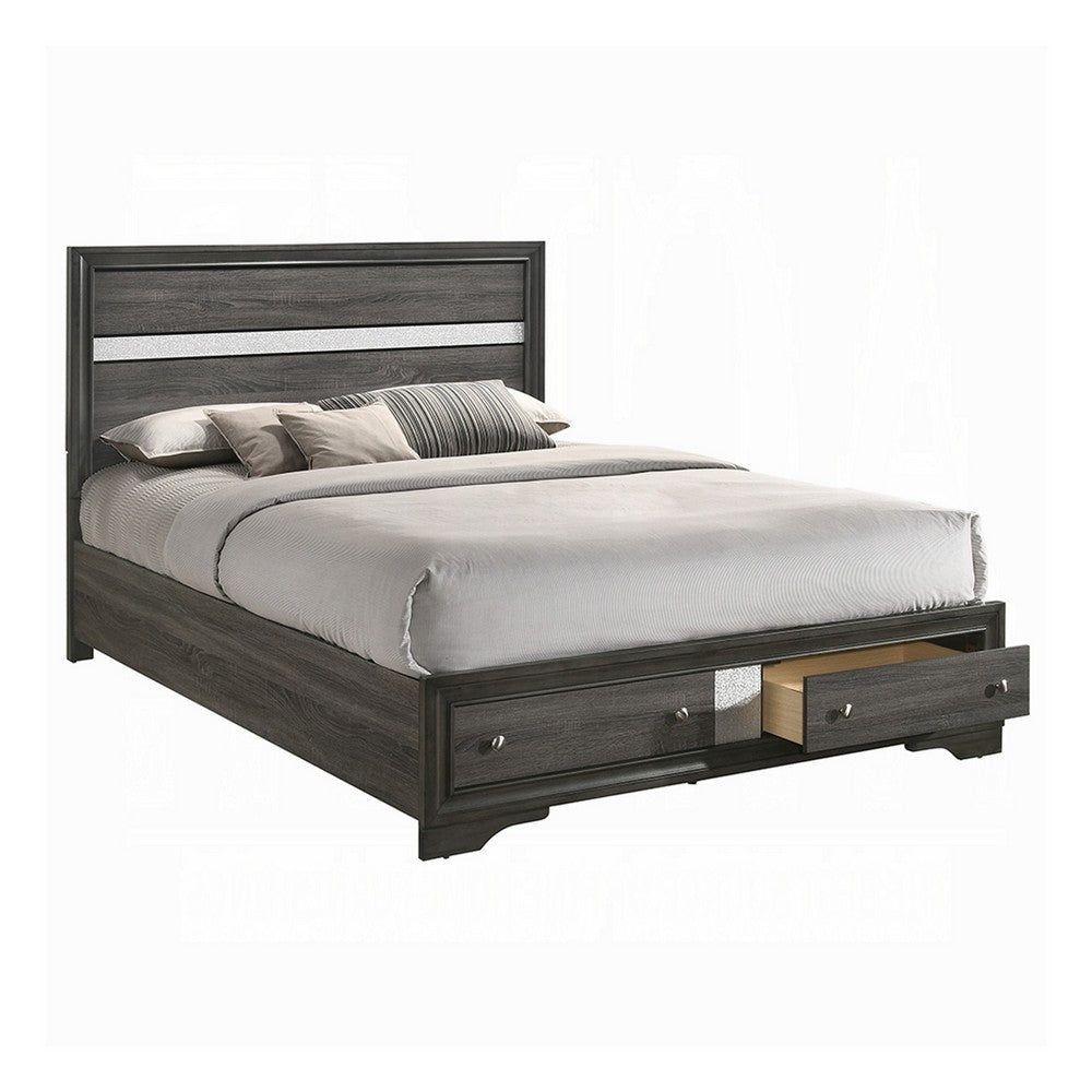 Benjara Platform Wooden Queen Size Bed with Silver Trim Accents And 2 Drawers, Gray