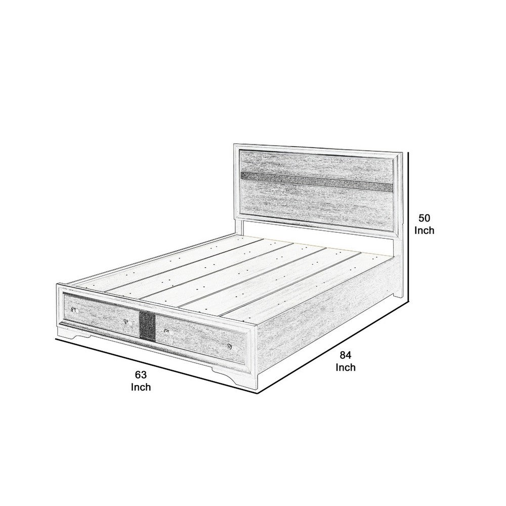 Benjara Platform Wooden Queen Size Bed with Silver Trim Accents And 2 Drawers, Gray