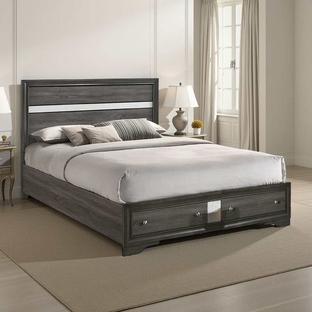 Benjara Platform Wooden Queen Size Bed with Silver Trim Accents And 2 Drawers, Gray