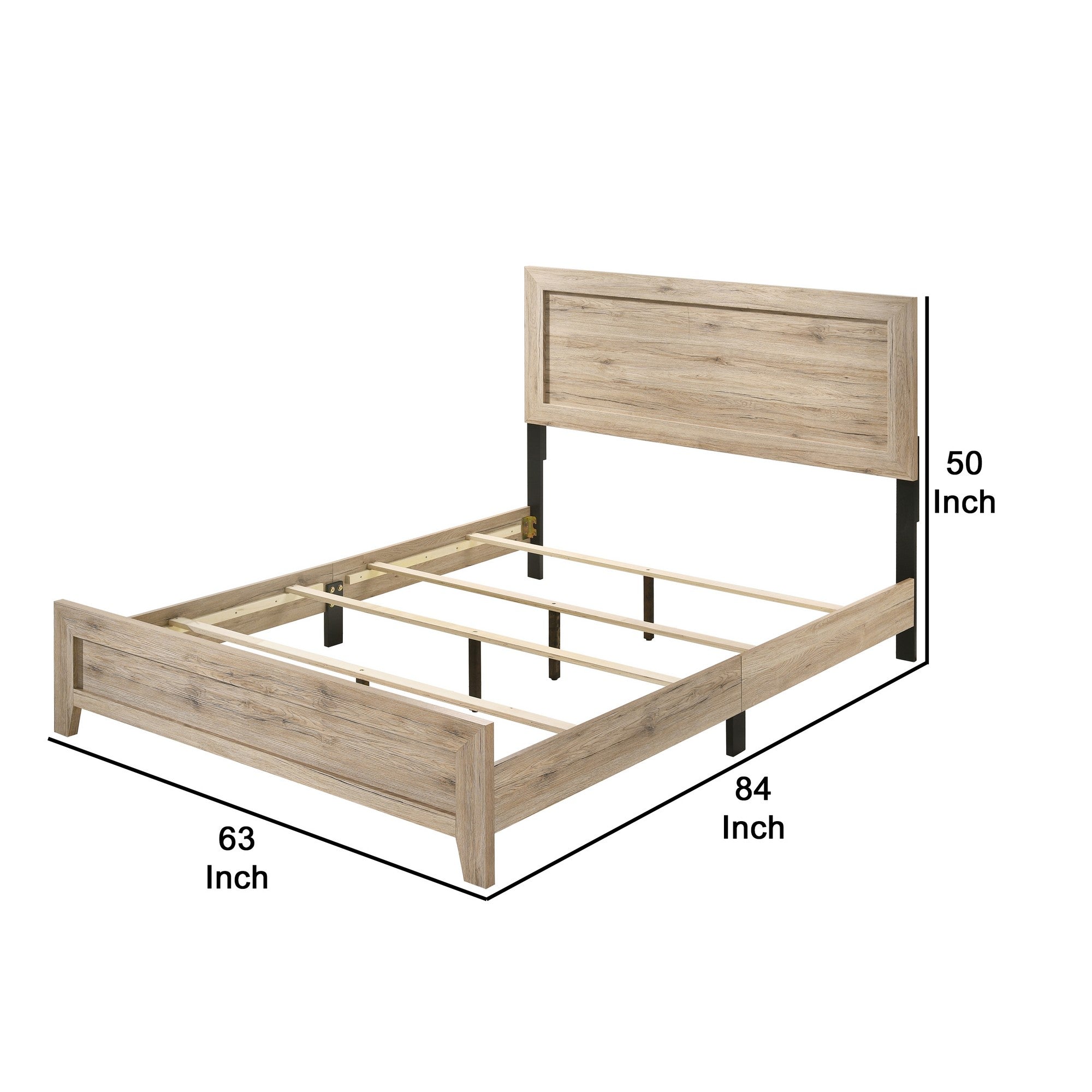 Benjara Wooden Queen Bed with Rectangular Headboard And Rough Hewn Texture, Brown