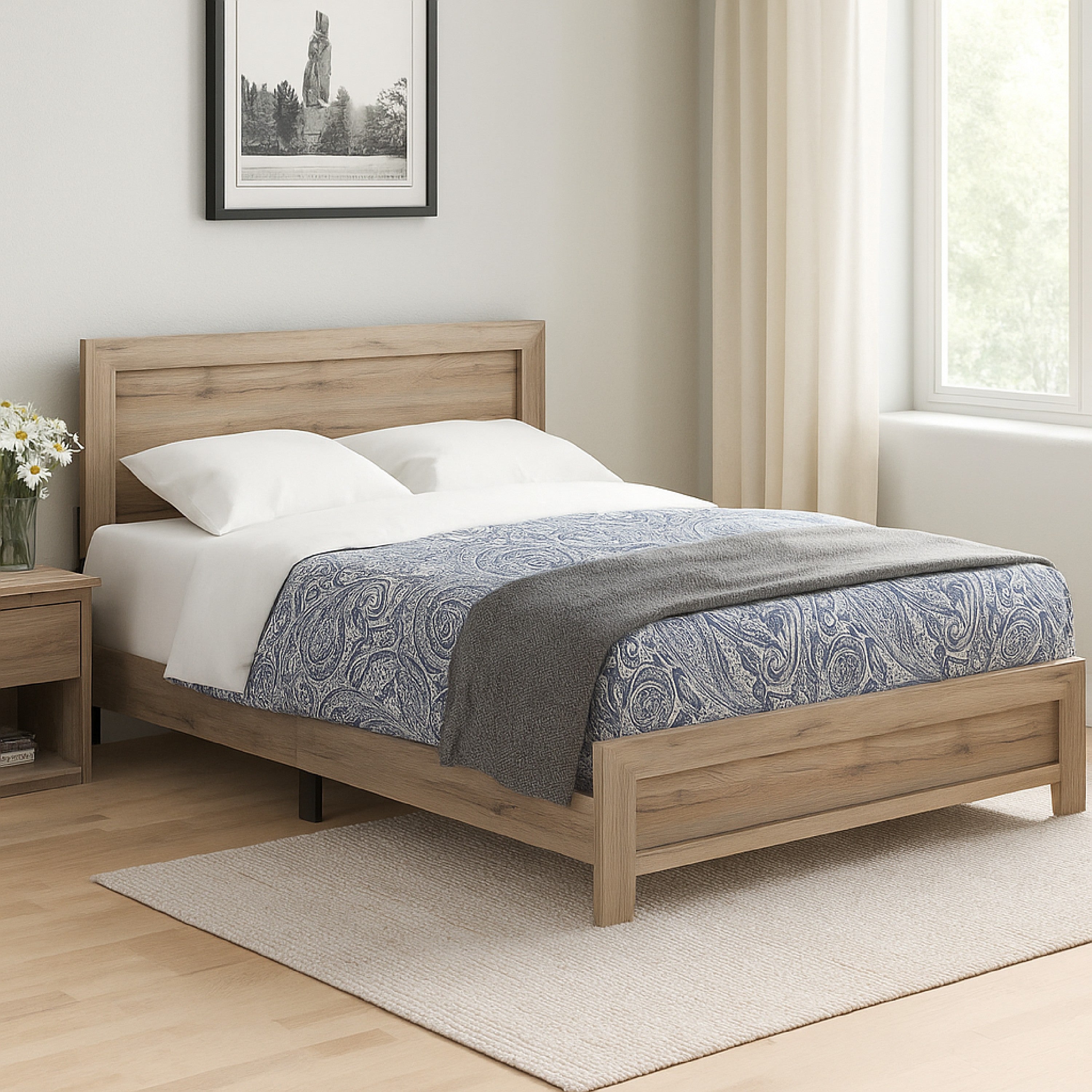 Benjara Wooden Queen Bed with Rectangular Headboard And Rough Hewn Texture, Brown