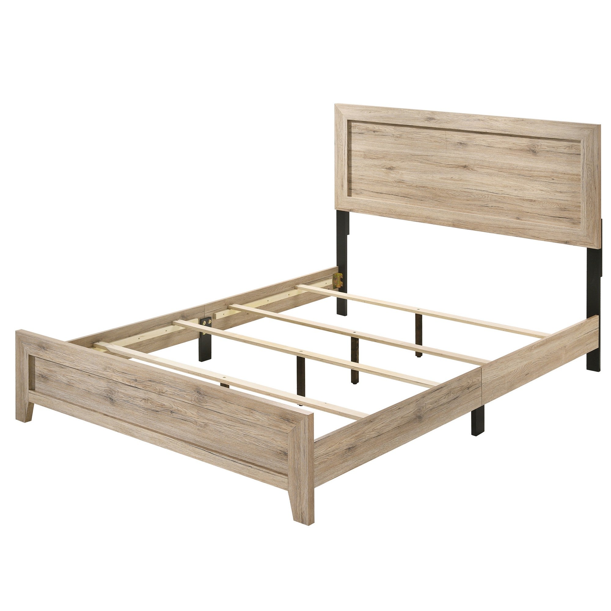 Benjara Wooden Eastern King Bed with Grains And Knots, Natural Brown