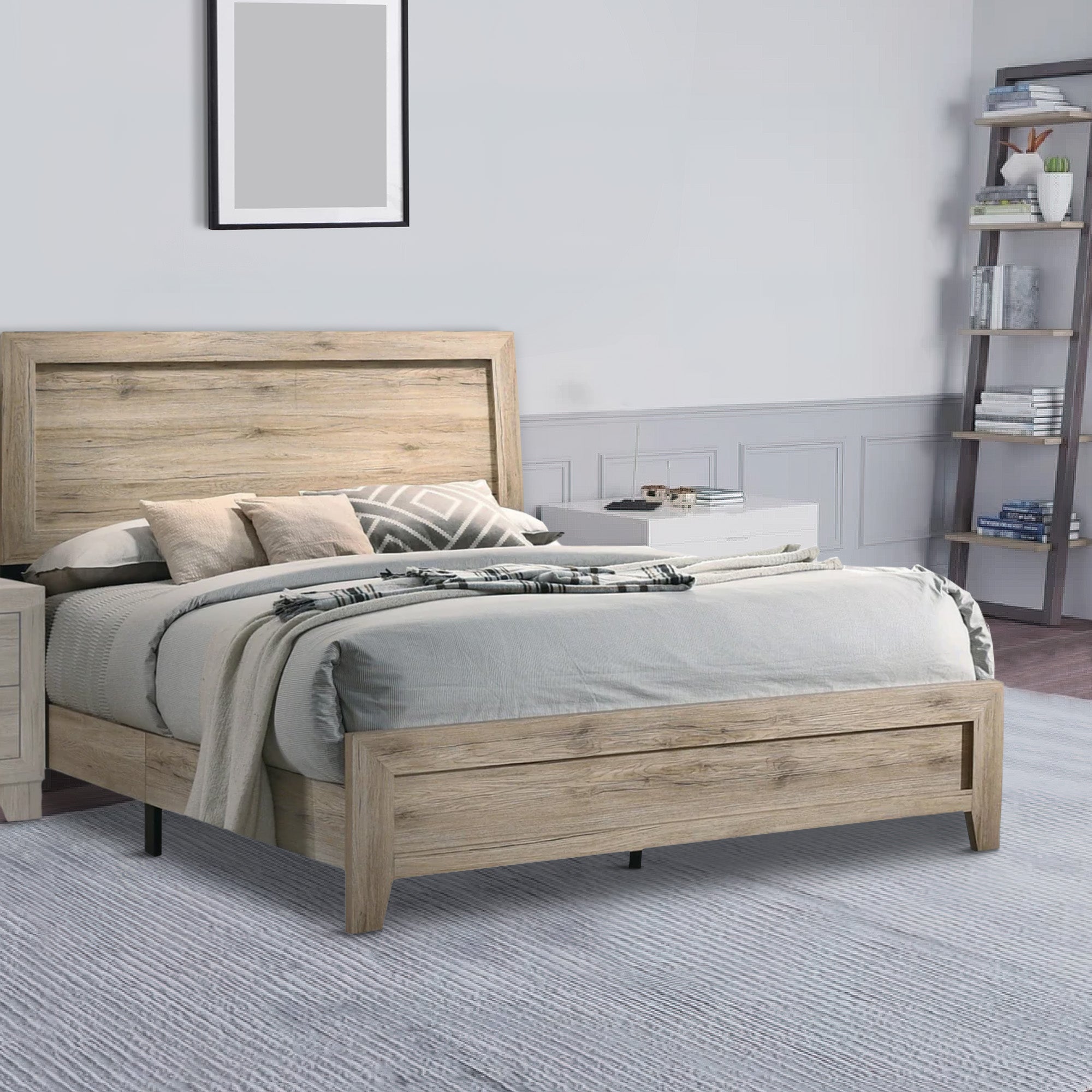 Benjara Wooden Eastern King Bed with Grains And Knots, Natural Brown