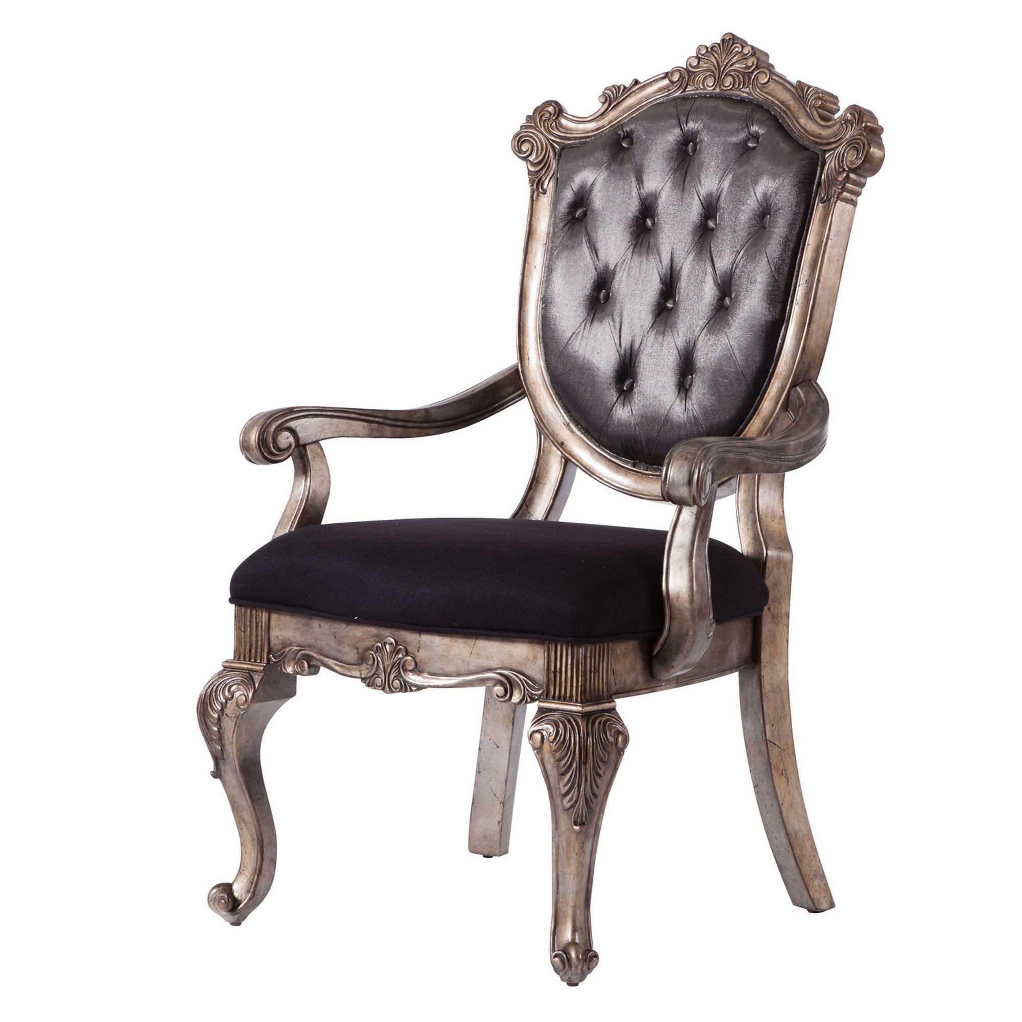 Benjara Wooden Arm Chair with Button Tufted Padded Backrest,Set of 2,Silver And Gray