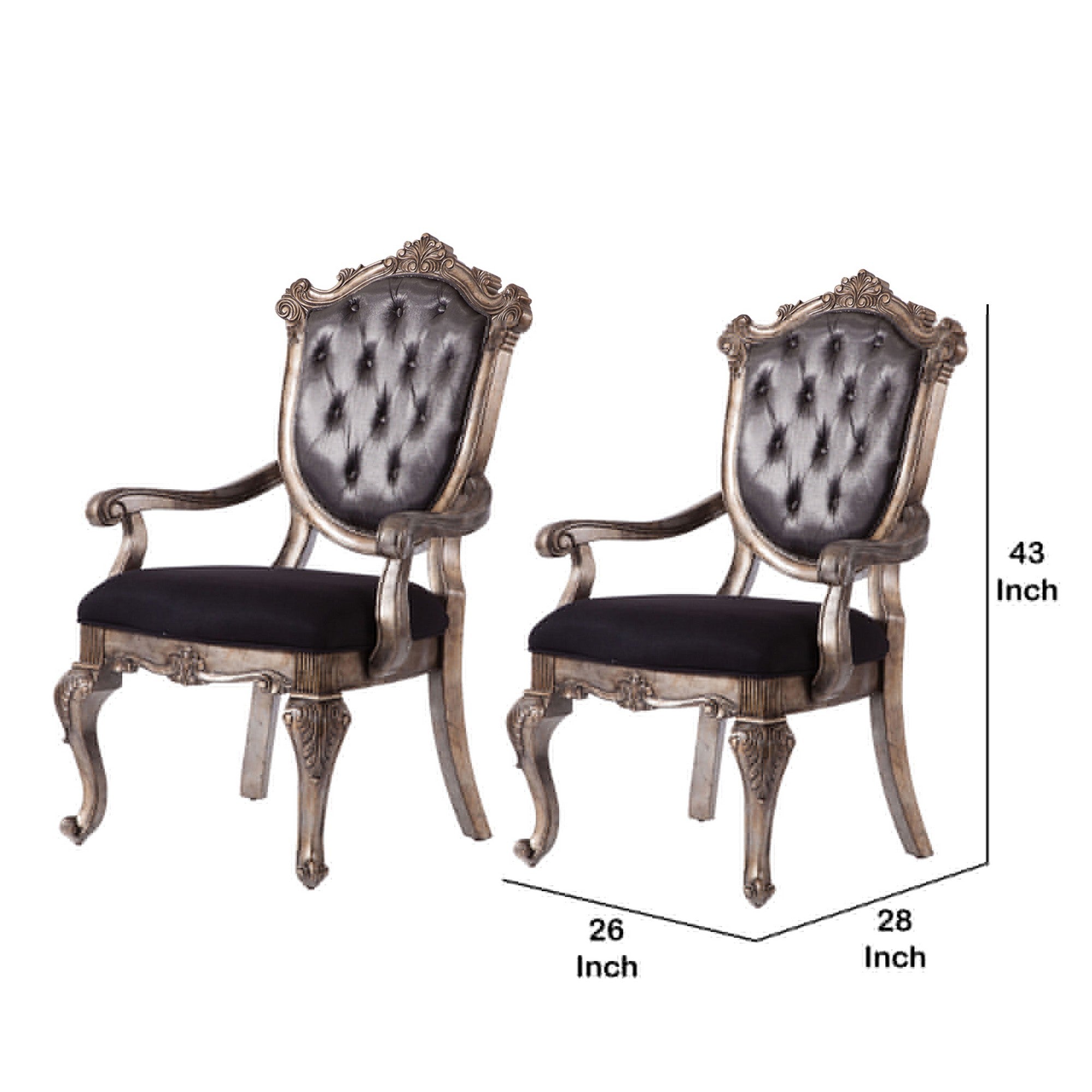 Benjara Wooden Arm Chair with Button Tufted Padded Backrest,Set of 2,Silver And Gray