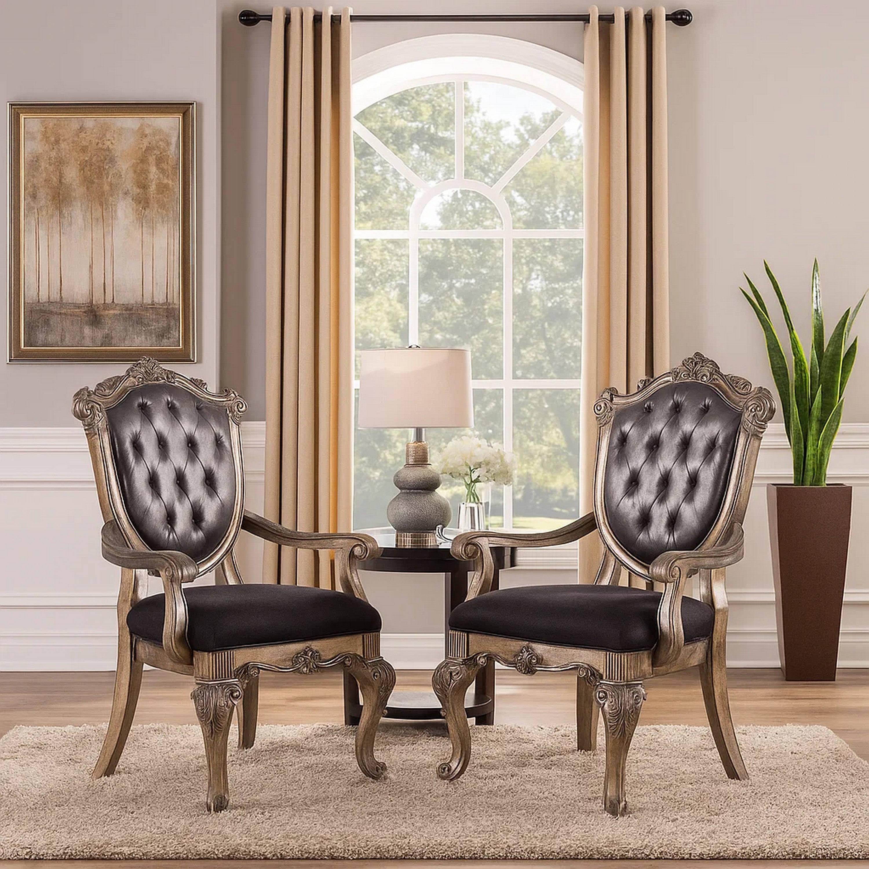 Benjara Wooden Arm Chair with Button Tufted Padded Backrest,Set of 2,Silver And Gray