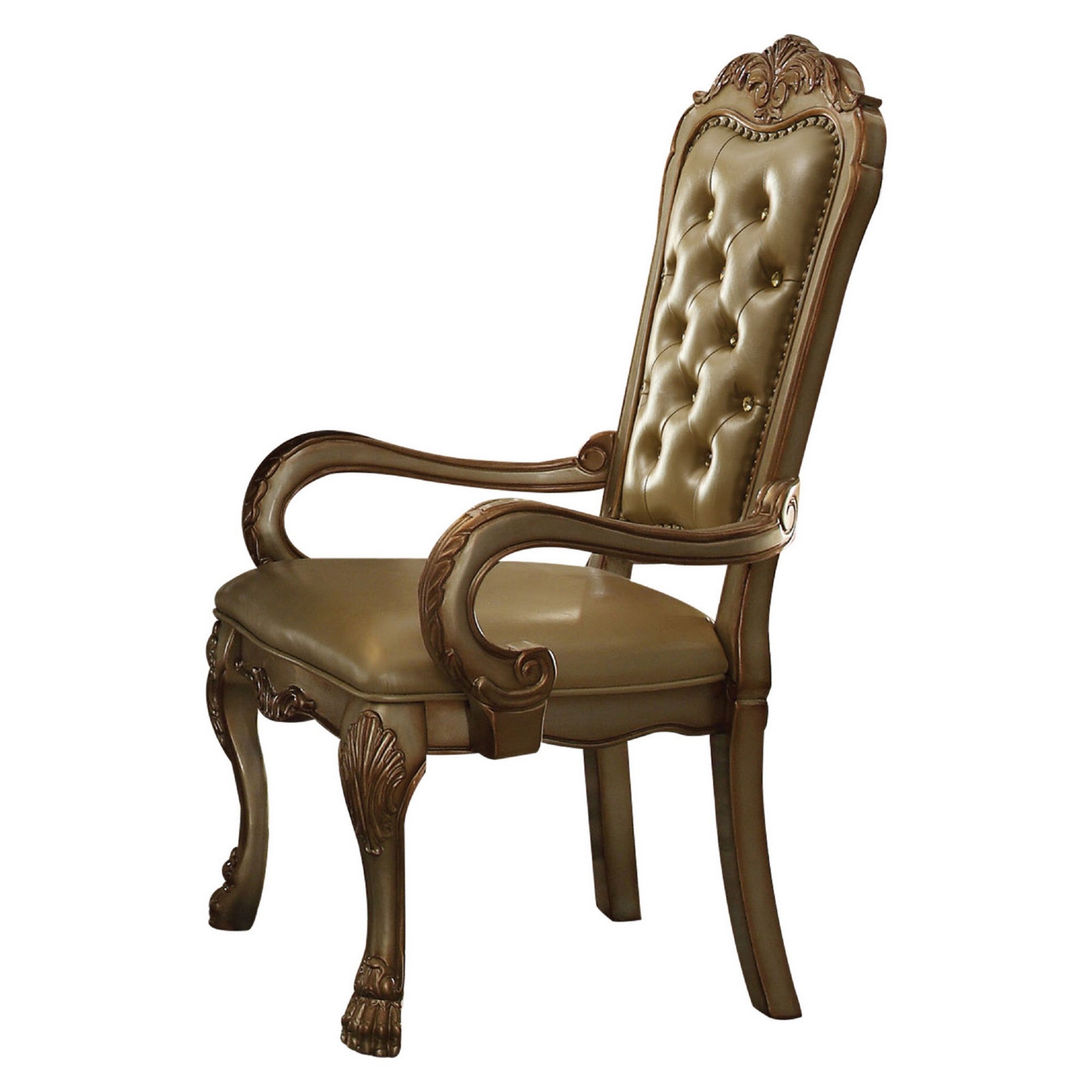 Benjara Leatherette Upholstered Arm Chair with Intricate Carvings, Set of 2, Gold