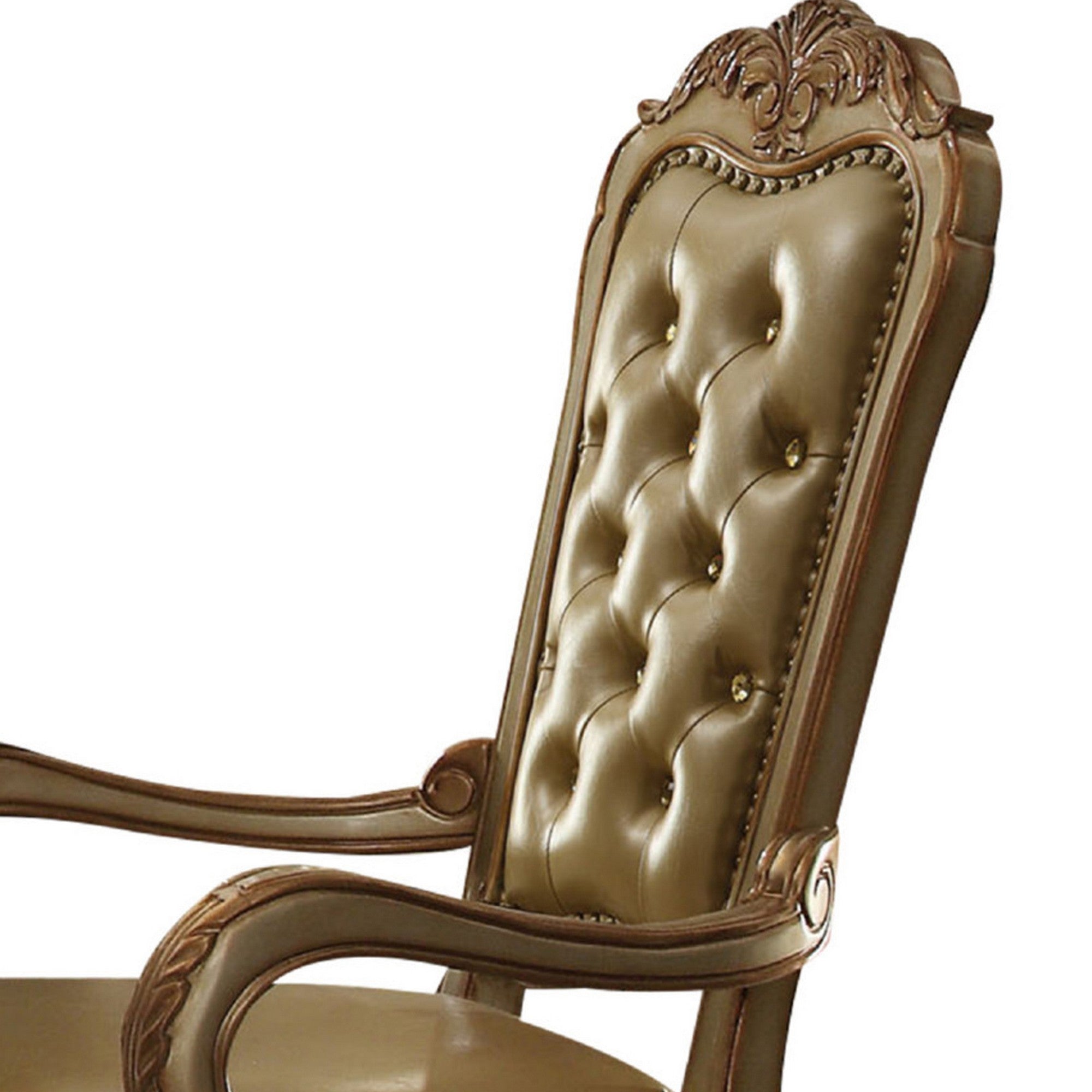 Benjara Leatherette Upholstered Arm Chair with Intricate Carvings, Set of 2, Gold